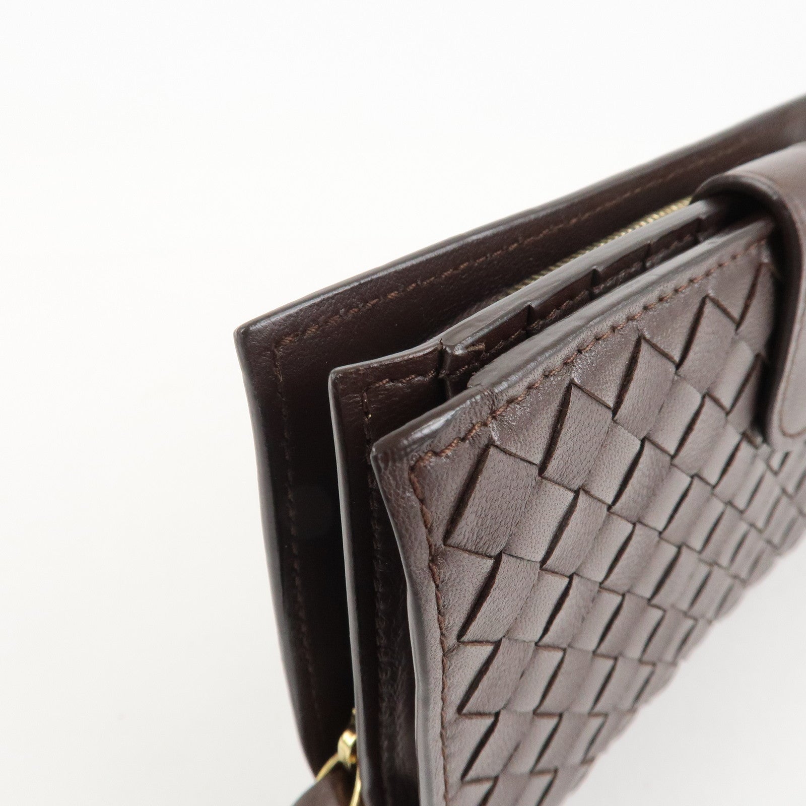 BOTTEGA VENETA Intrecciato Leather Bi-Fold Wallet Dark Brown 121060 Used