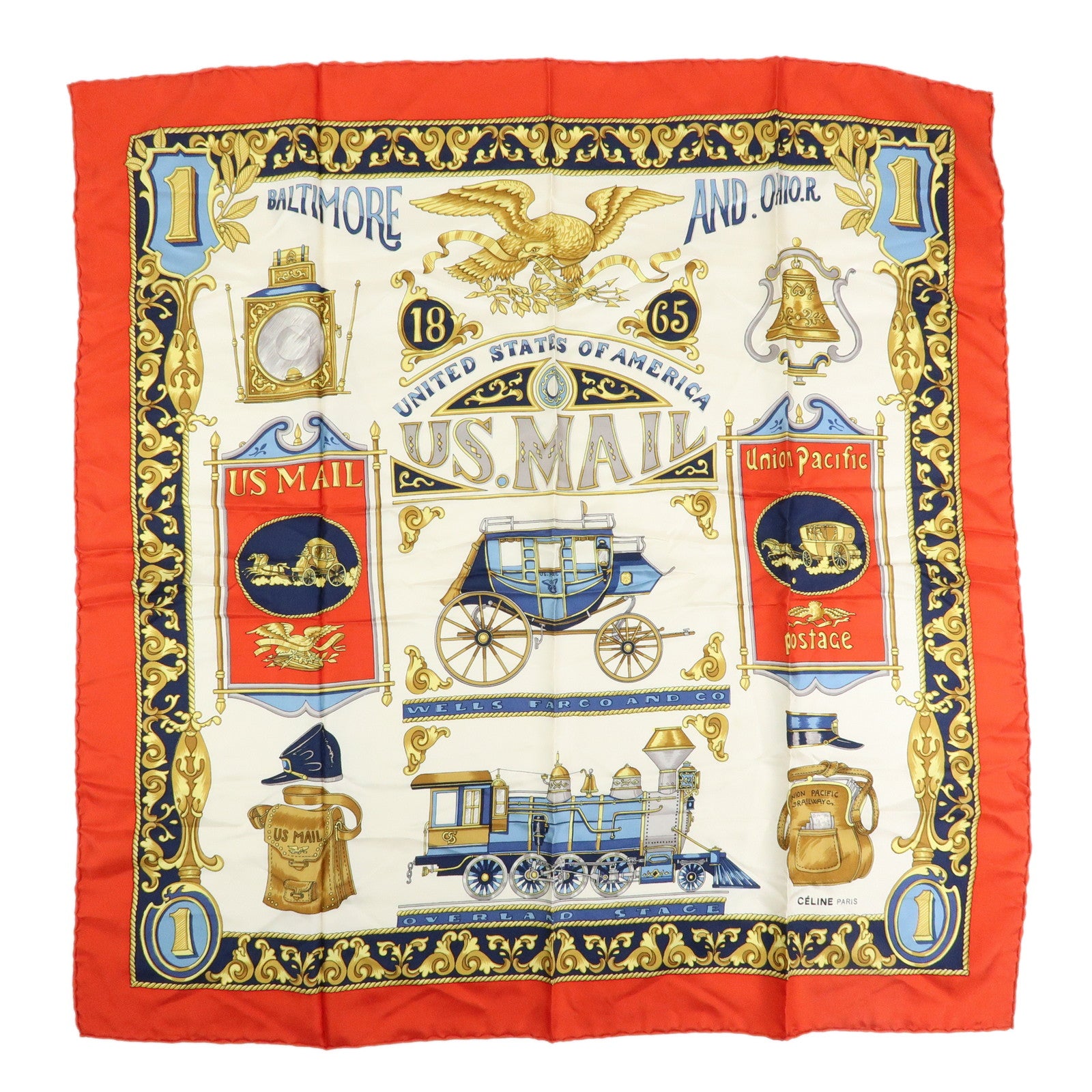 CELINE Silk Baltimore and Ohio Railroad Scarf 85x85 Red White Blue