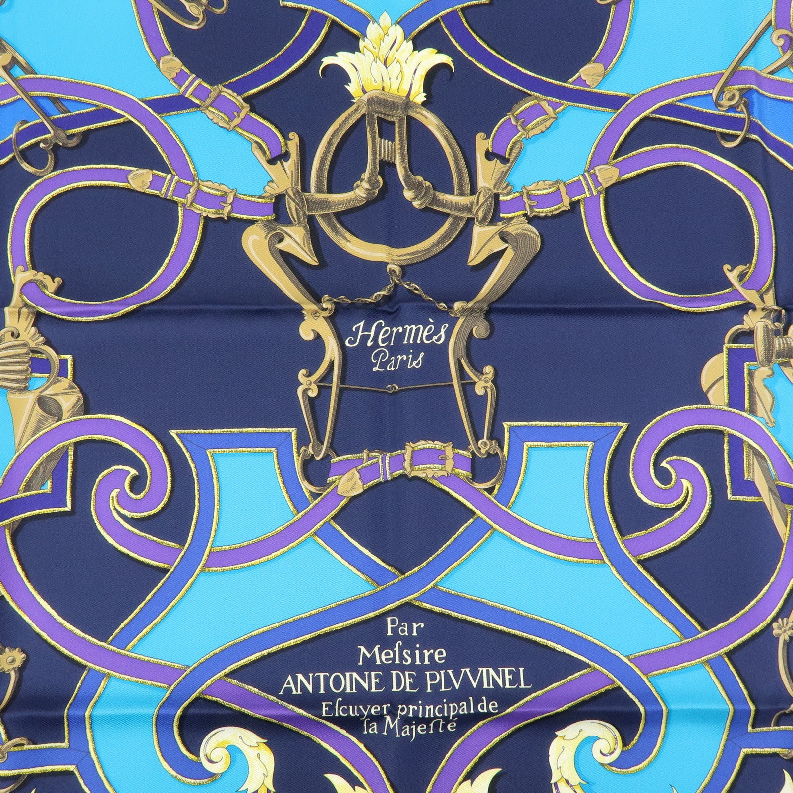 HERMES Carre90 Silk100% L’INSTRVCTION DV ROY Scarf Navy Blue Purple