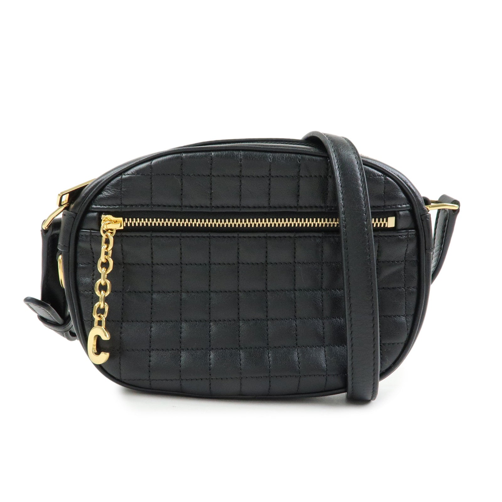 CELINE C Charm Leather Shoulder Bag Crossbody Bag Camera Bag Black