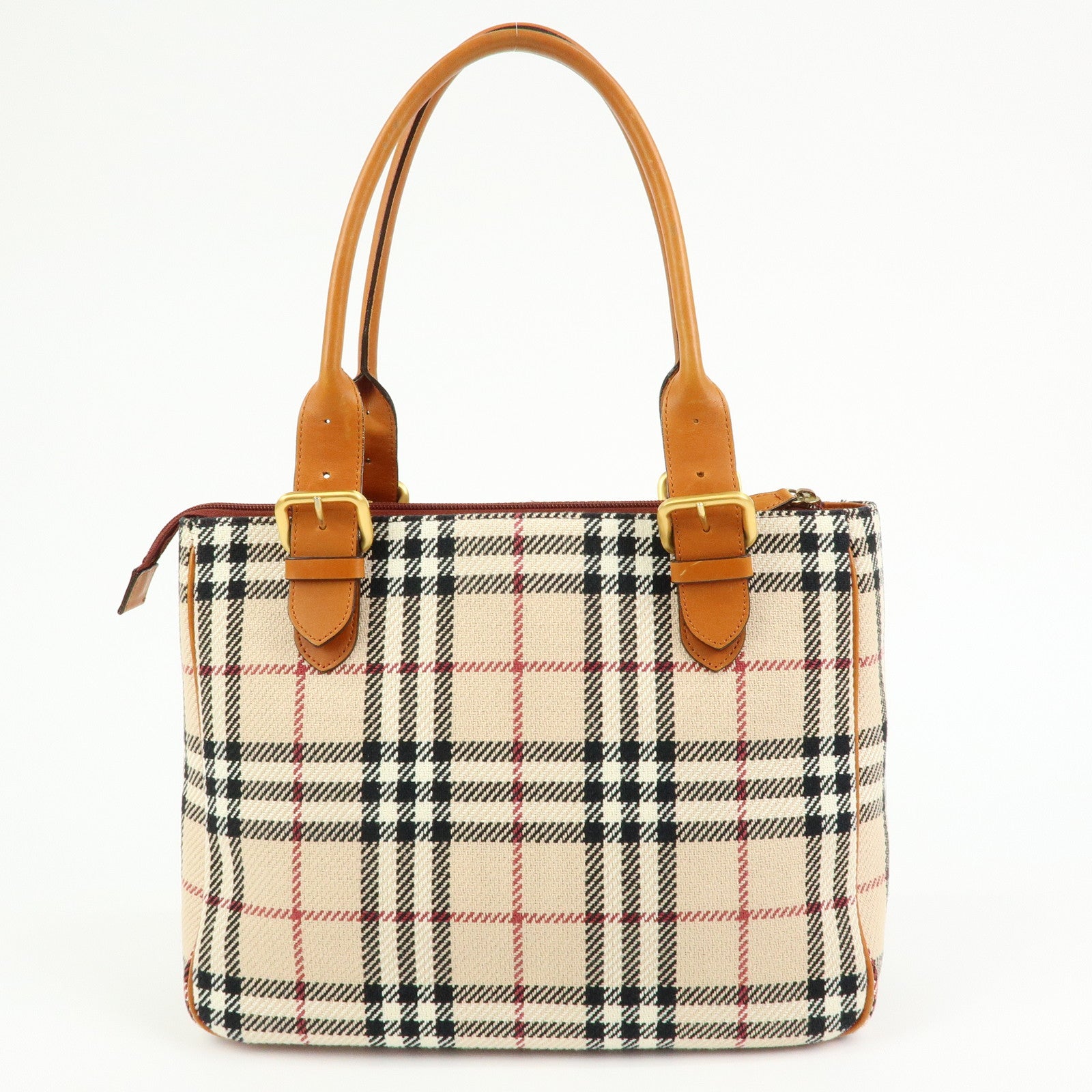 BURBERRY Nova Plaid Canvas Leather Tote Bag Hand Bag Beige Camel