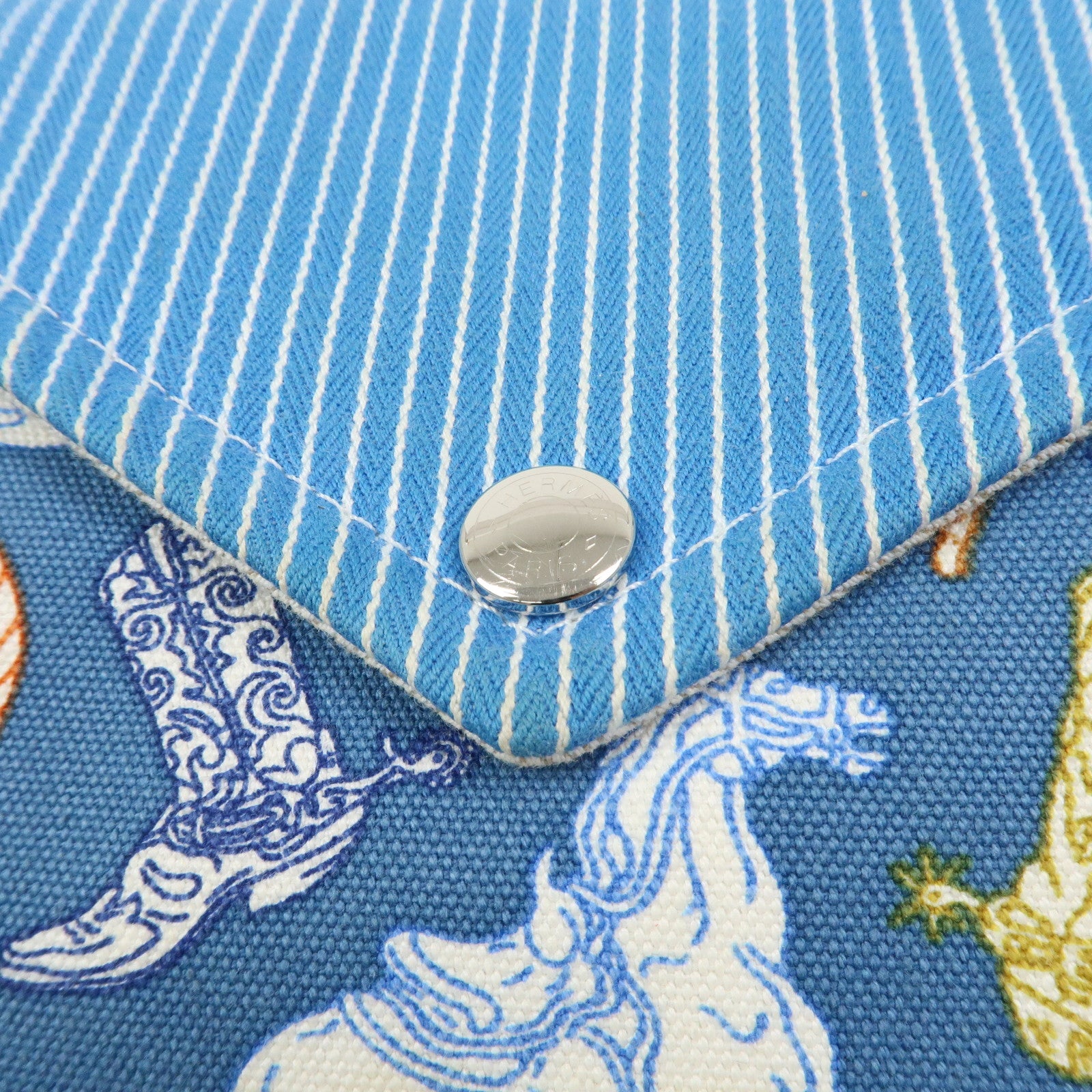 HERMES Cotton Western Motif Pouch Cosmetic Pouch Blue Multicolor