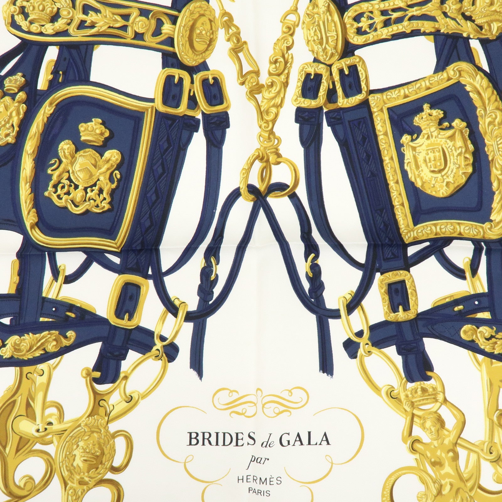 HERMES Carre 90 Silk 100% Scarf BRIDES DE GALA Navy Gold