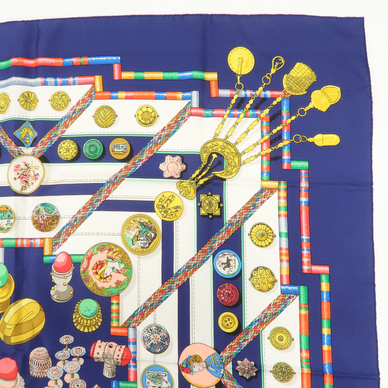 HERMES Carre 90 Silk 100% Scarf Petite main Navy White Multicolor