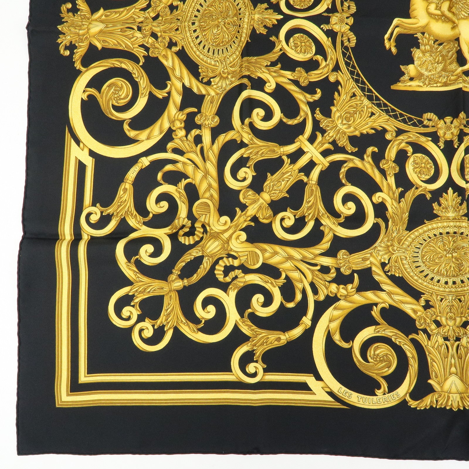 HERMES Carre 90 Silk 100% Scarf LES TUILERIES Black Gold