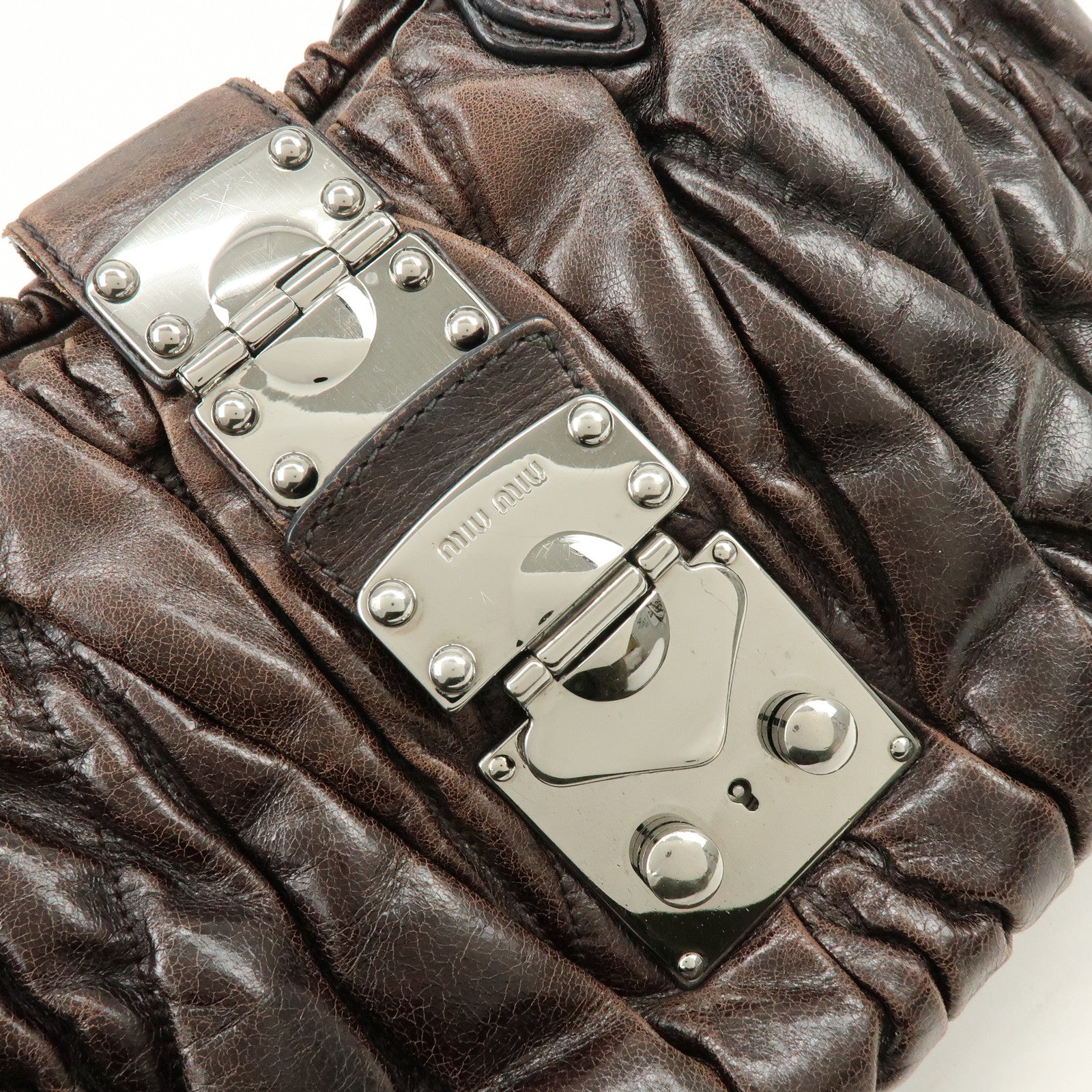 MIU MIU Matelasse Leather 2Way Bag Hand Bag Shoulder Bag Dark Brown