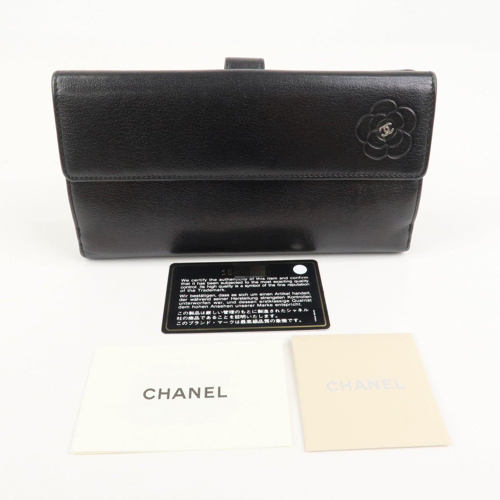 CHANEL Camellia COCO Mark Leather Bi-fold Long Wallet Black
