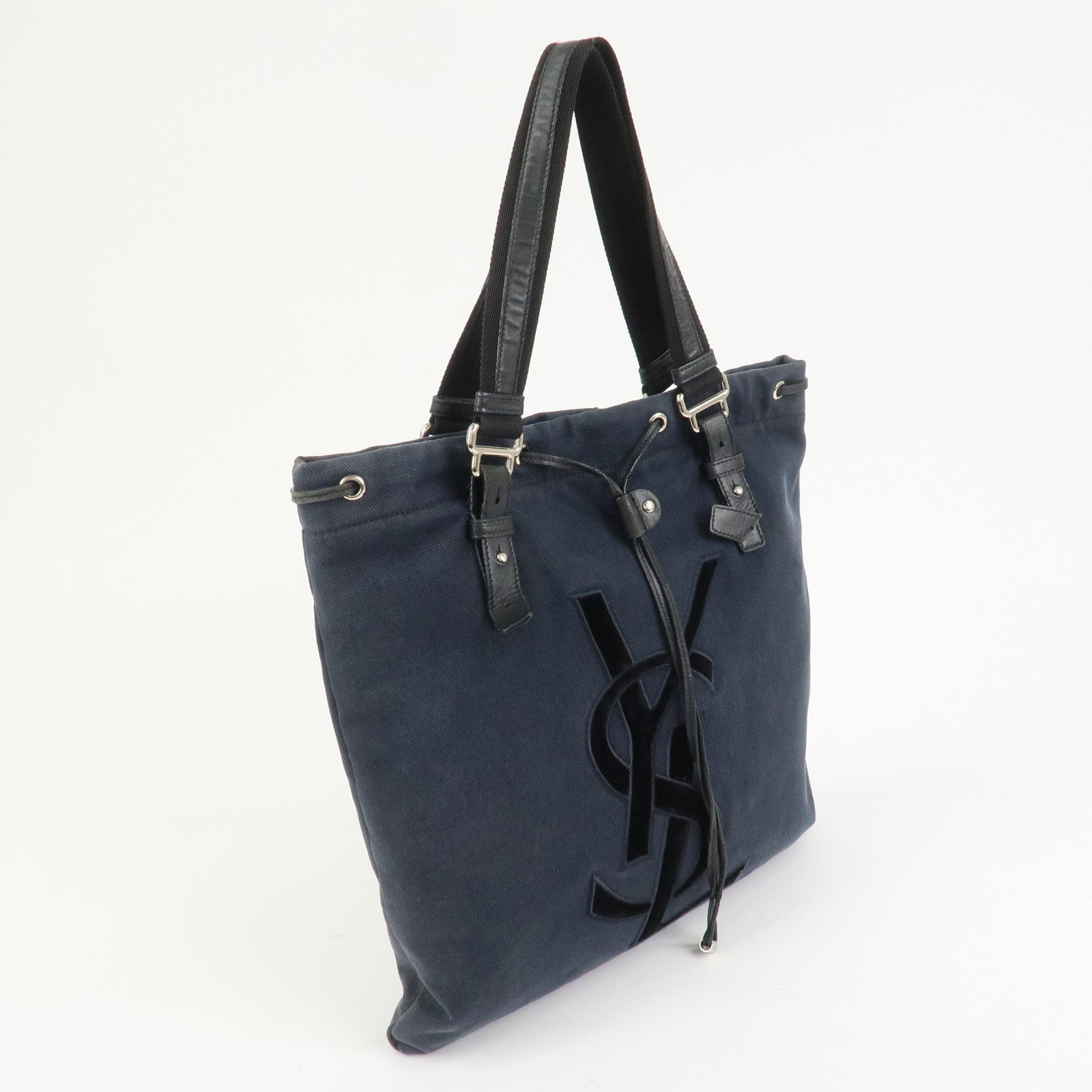 SAINT LAURENT PARIS Canvas Leather Tote Bag Shoulder Bag Navy
