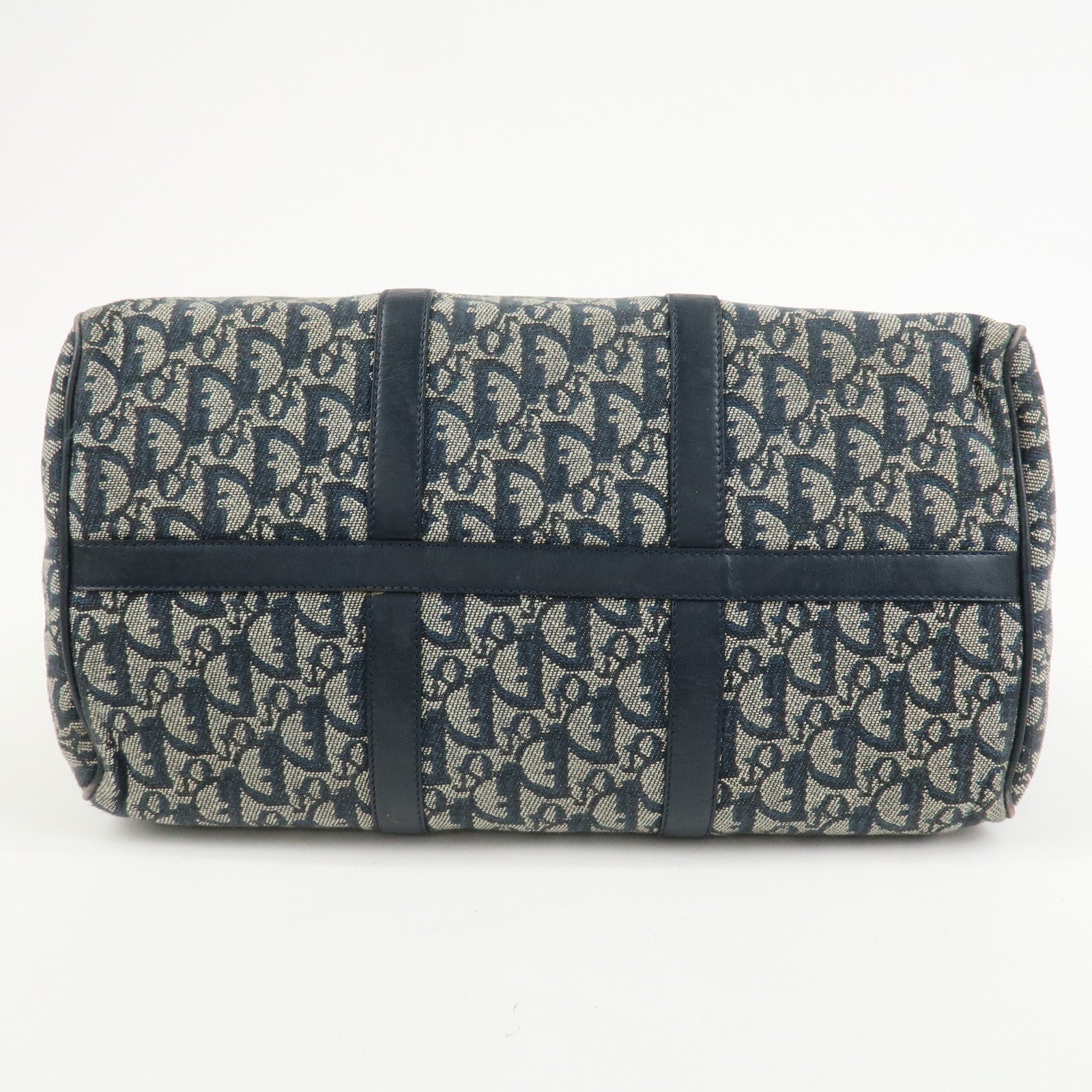 Christian Dior Trotter Jacquard Canvas Leather Boston Hand Bag Navy