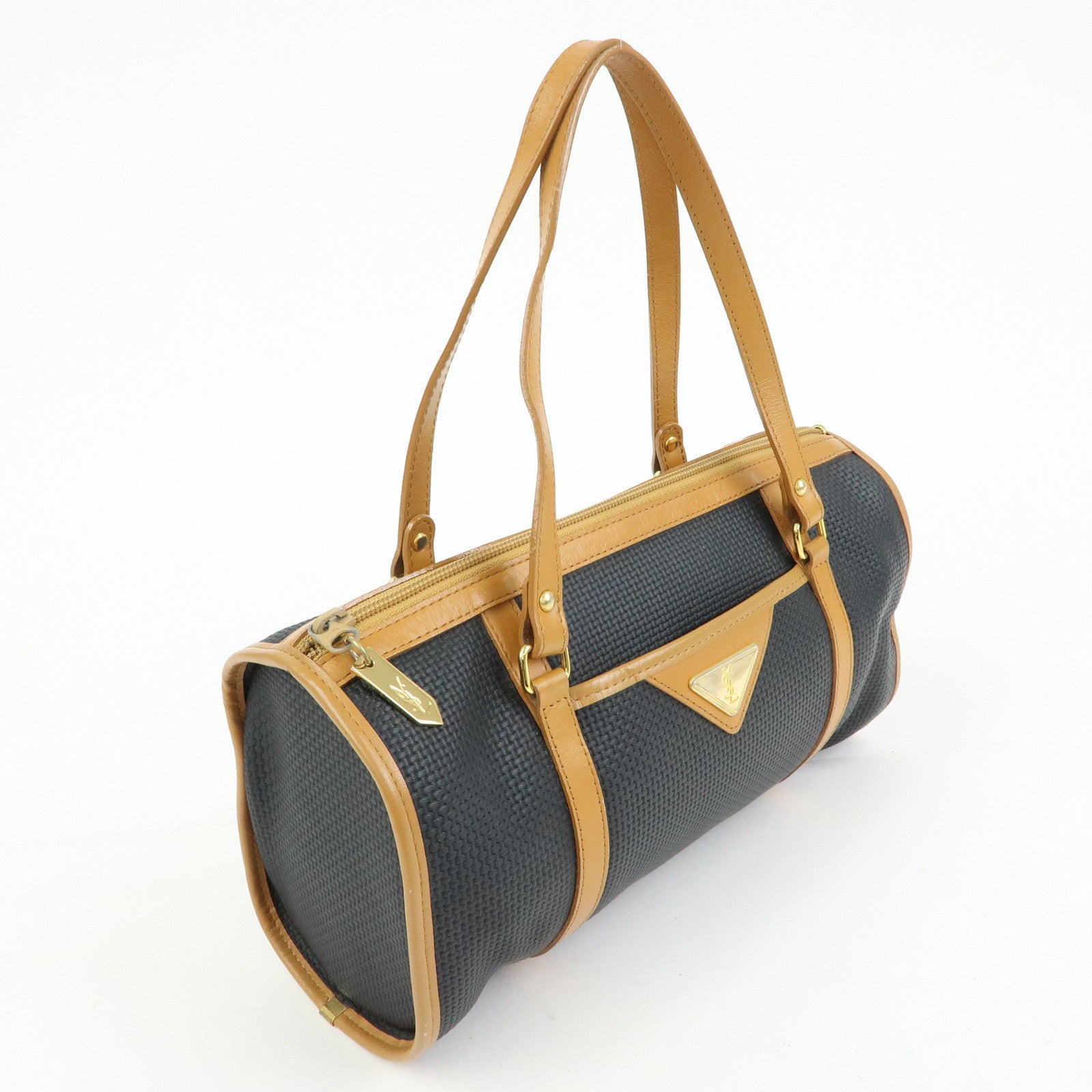 SAINT LAURENT PARIS PVC Leather Mini Boston Bag Hand Bag Navy Camel