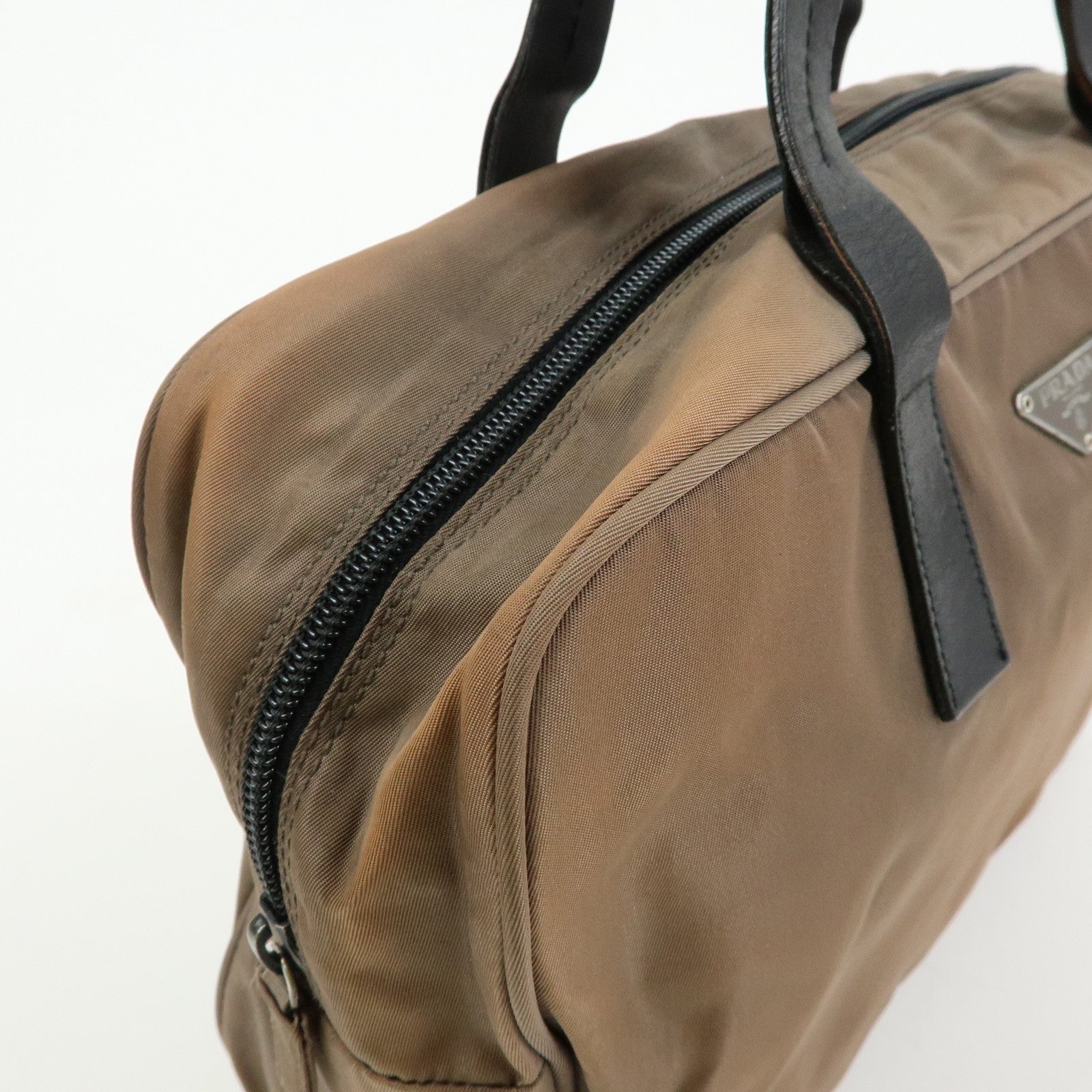 PRADA Triangle Logo Nylon Leather Hand Bag Brown Black