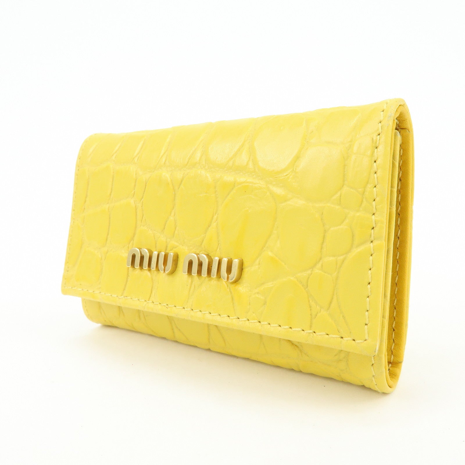 MIU MIU Embossed Leather Key Case Key Holder Yellow 5M0222