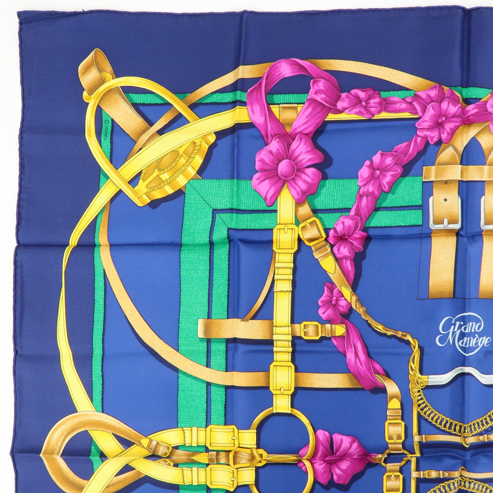 HERMES Carre 90 Silk 100% Scarf Grand Manege Navy Gold