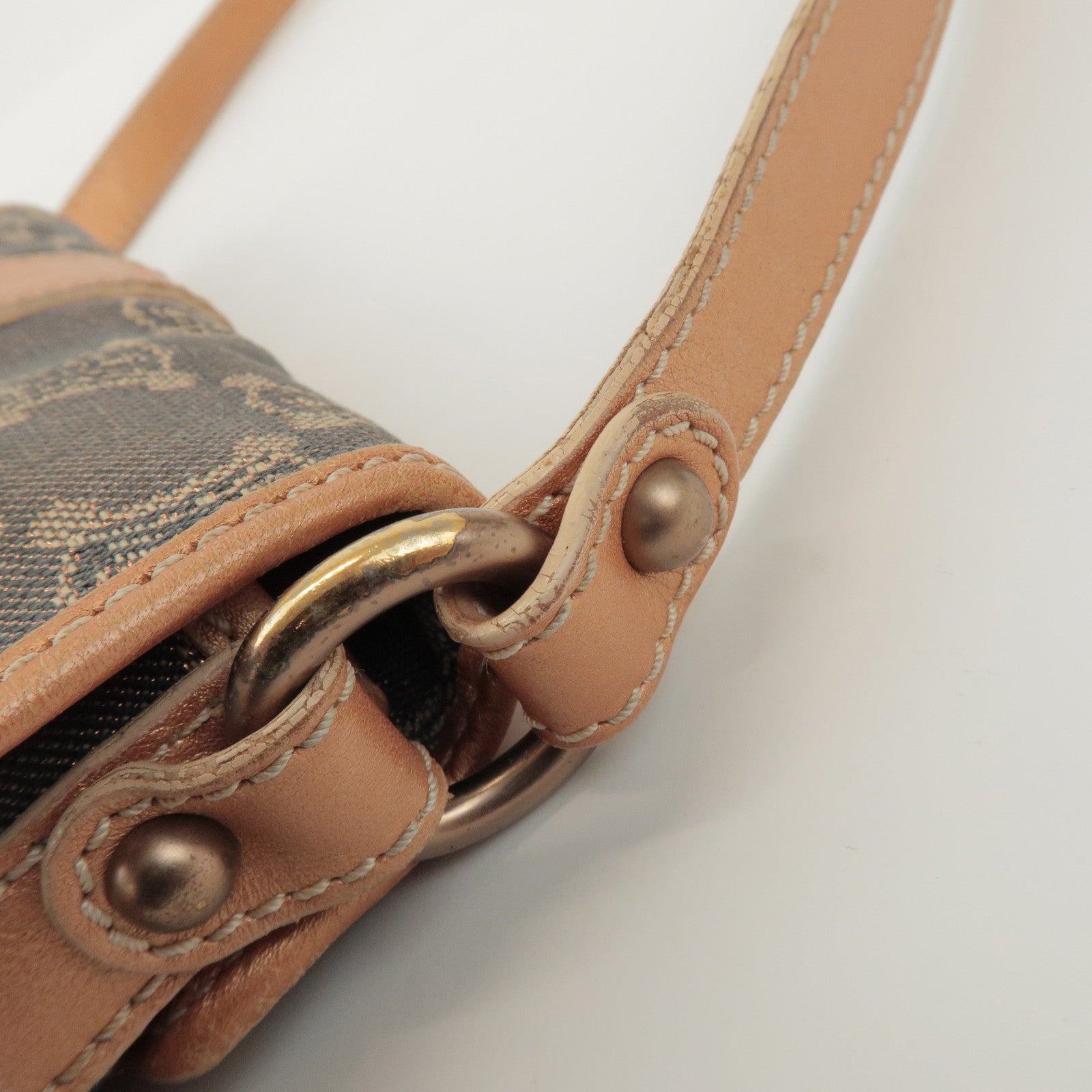 CELINE Macadam Denim Leather Shoulder Bag Metallic Pink Beige