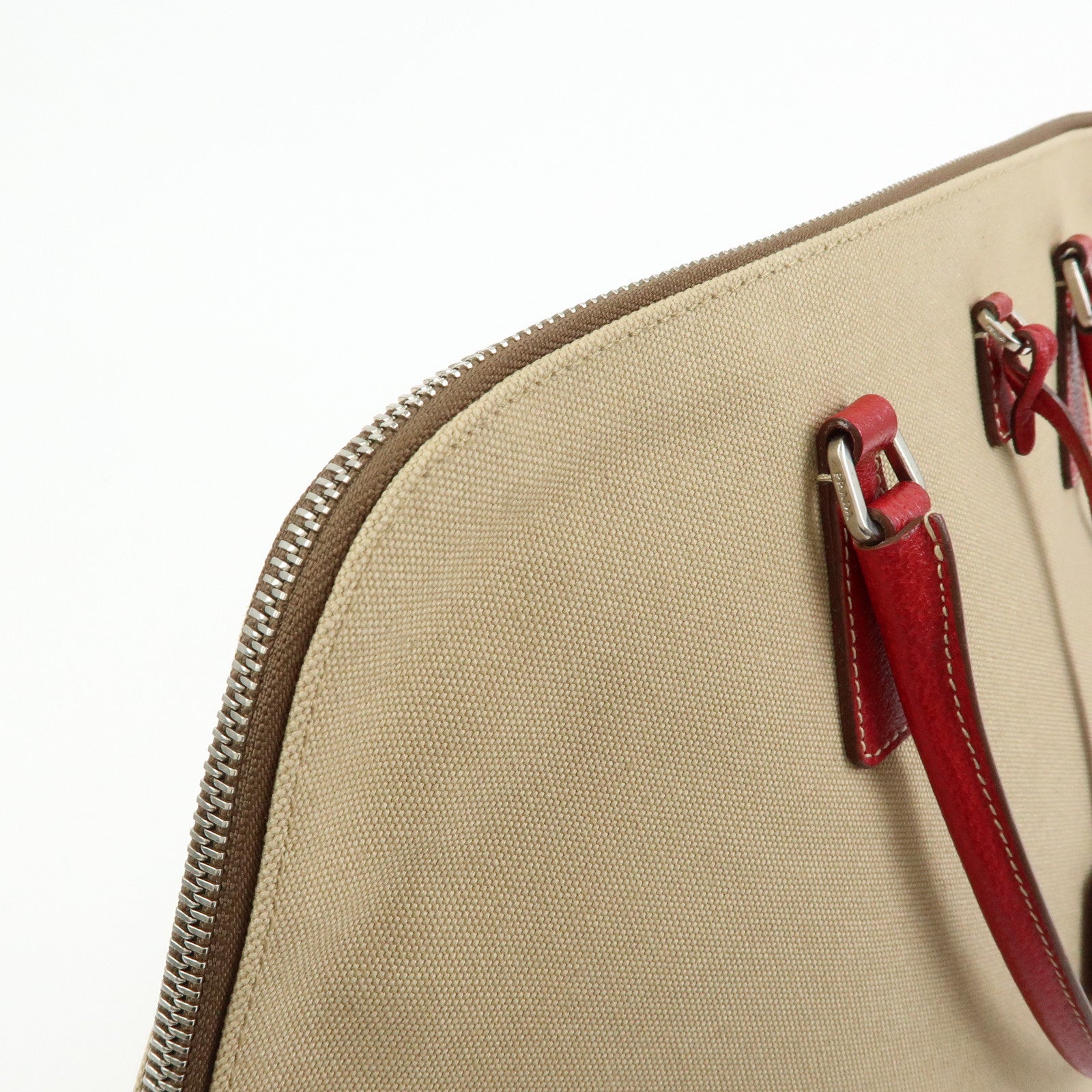 PRADA Triangle Logo Canvas Leather Hand Bag Beige Red