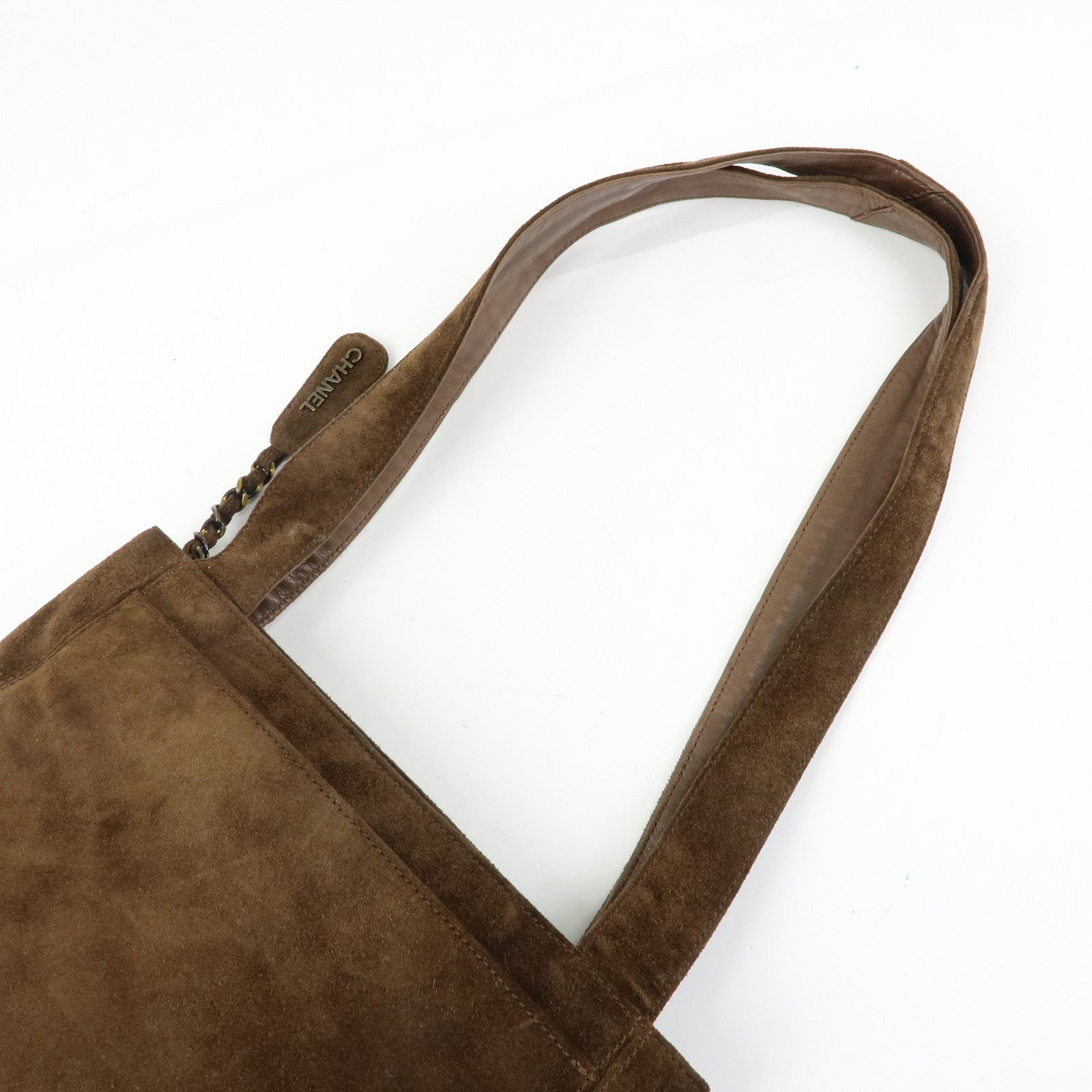 CHANEL Logo Suede Tote Bag Shoulder Bag Brown