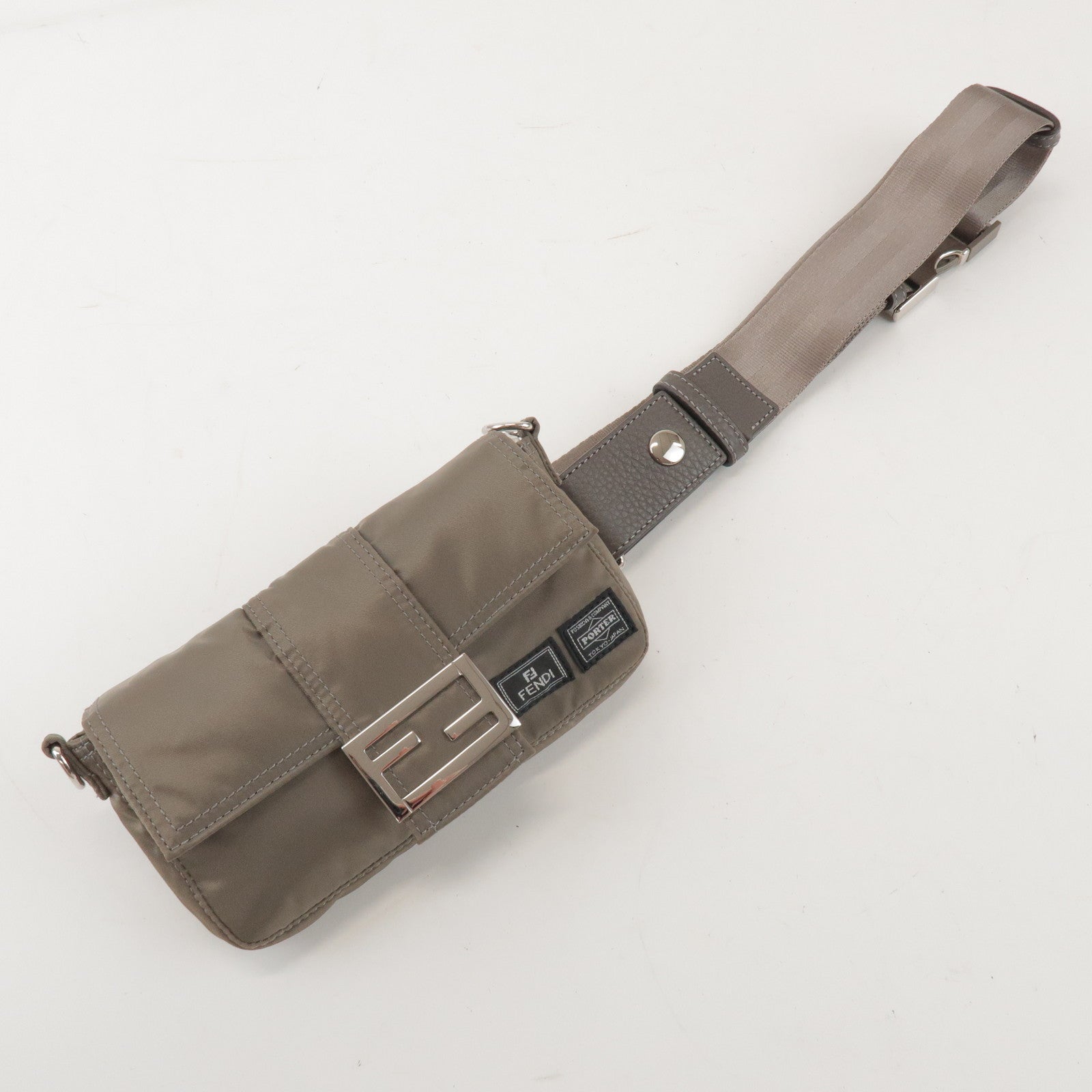 FENDI × PORTER Nylon Leather Baguette Mini 2WAY Bag Grey 7AS138