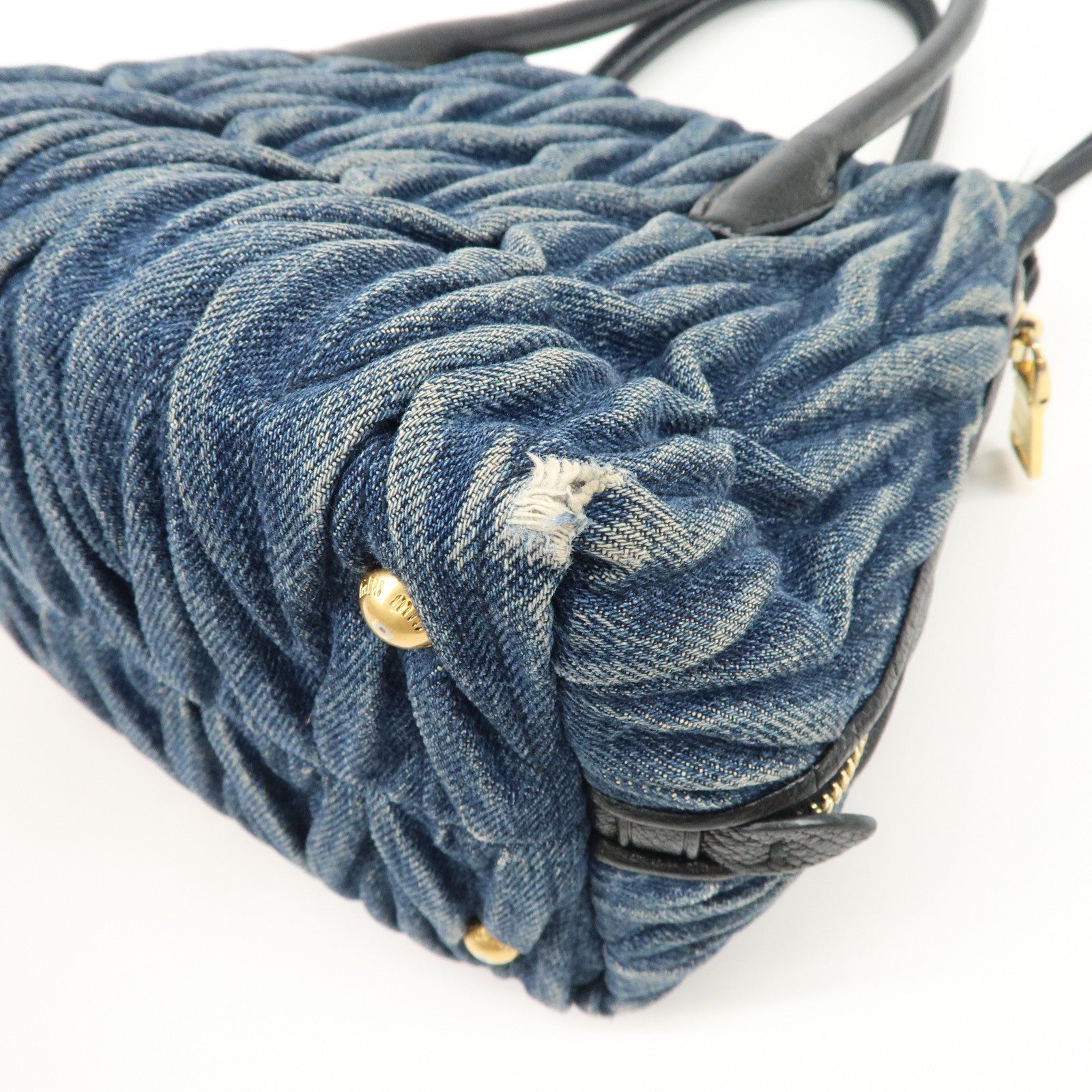 MIUMIU Matelasse Leather Denim 2Way Bag Black Indigo Blue 5BA003 Used
