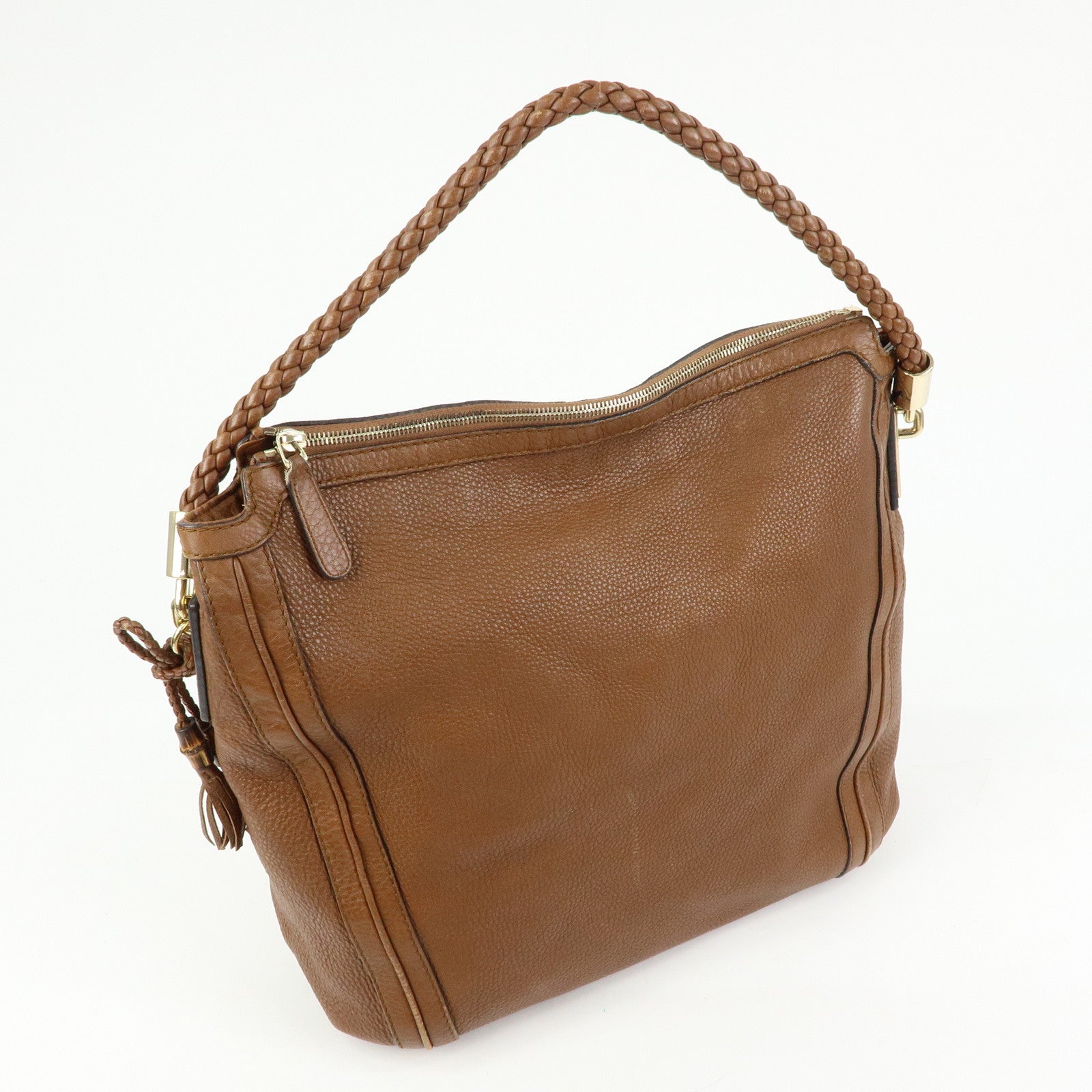 GUCCI Bamboo Leather Shoulder Bag Hand Bag Tassel Brown 269947