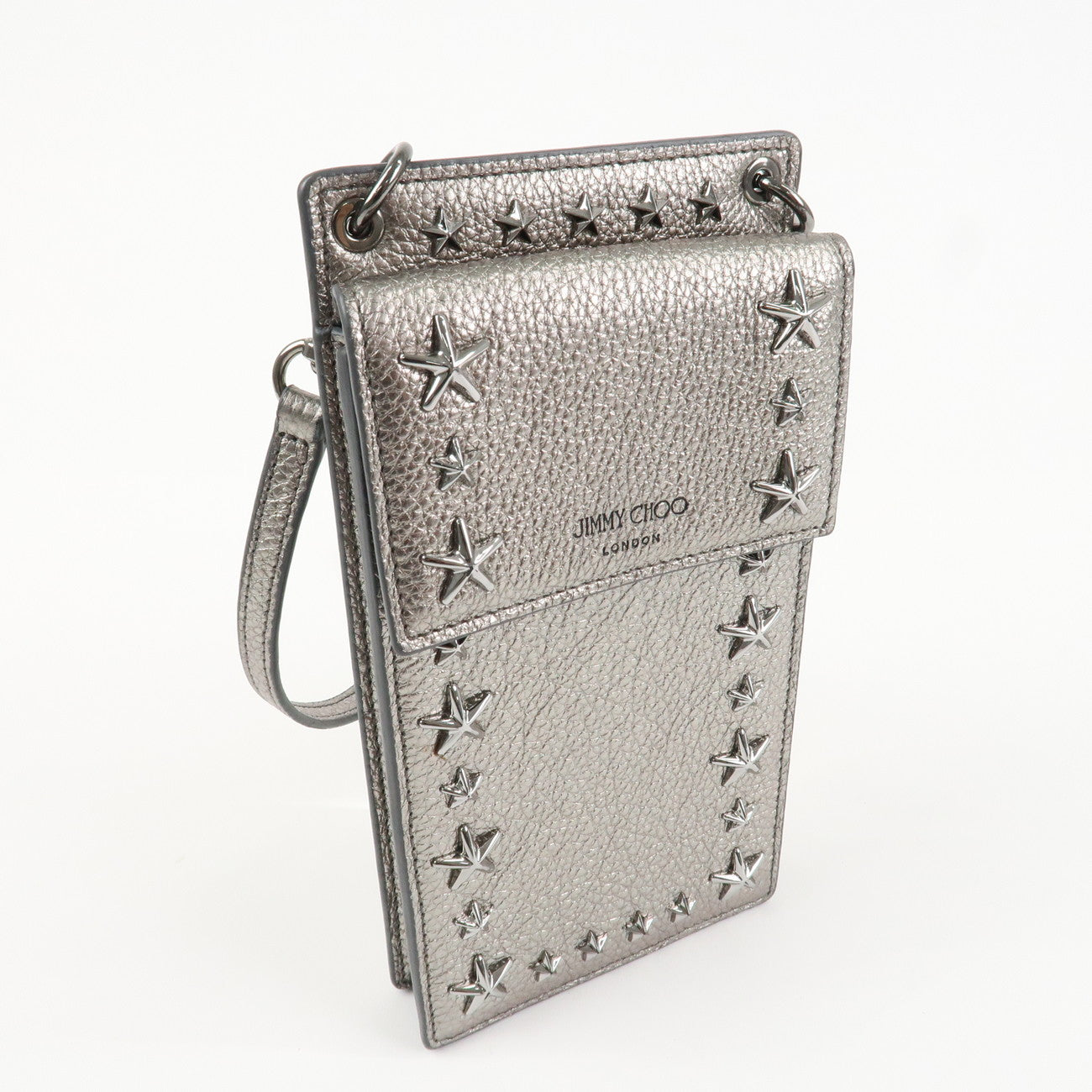 JIMMY CHOO Leather Star Studs Cell Phone Folder Shoulder Bag Silver Used