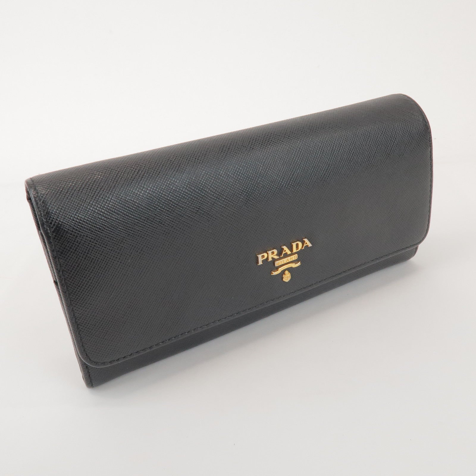 PRADA Logo Saffiano Leather Flap Bi-Fold Long Wallet Black