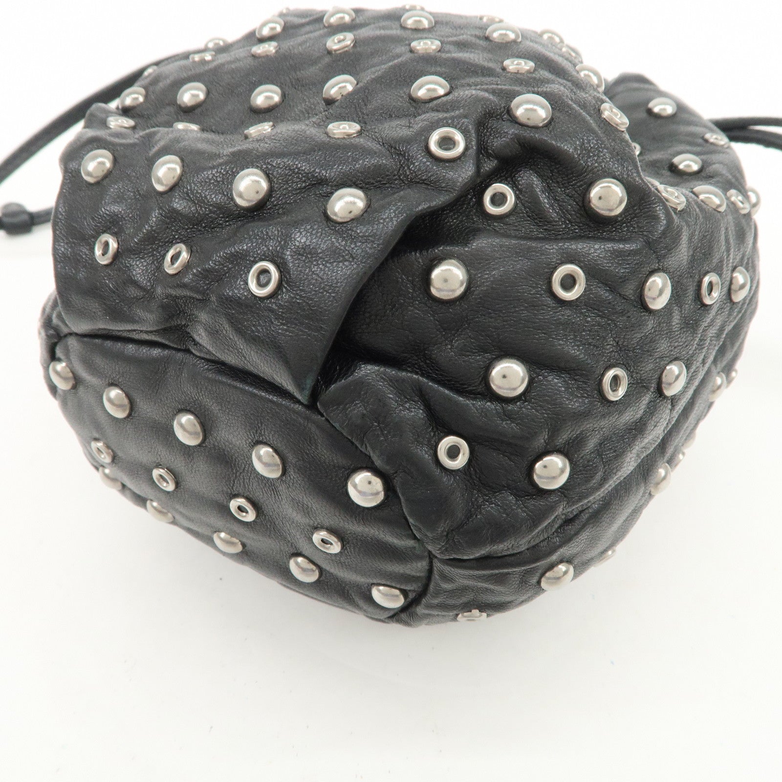 PRADA Studs Leather Drawstring Bag Cosmetic Pouch Black