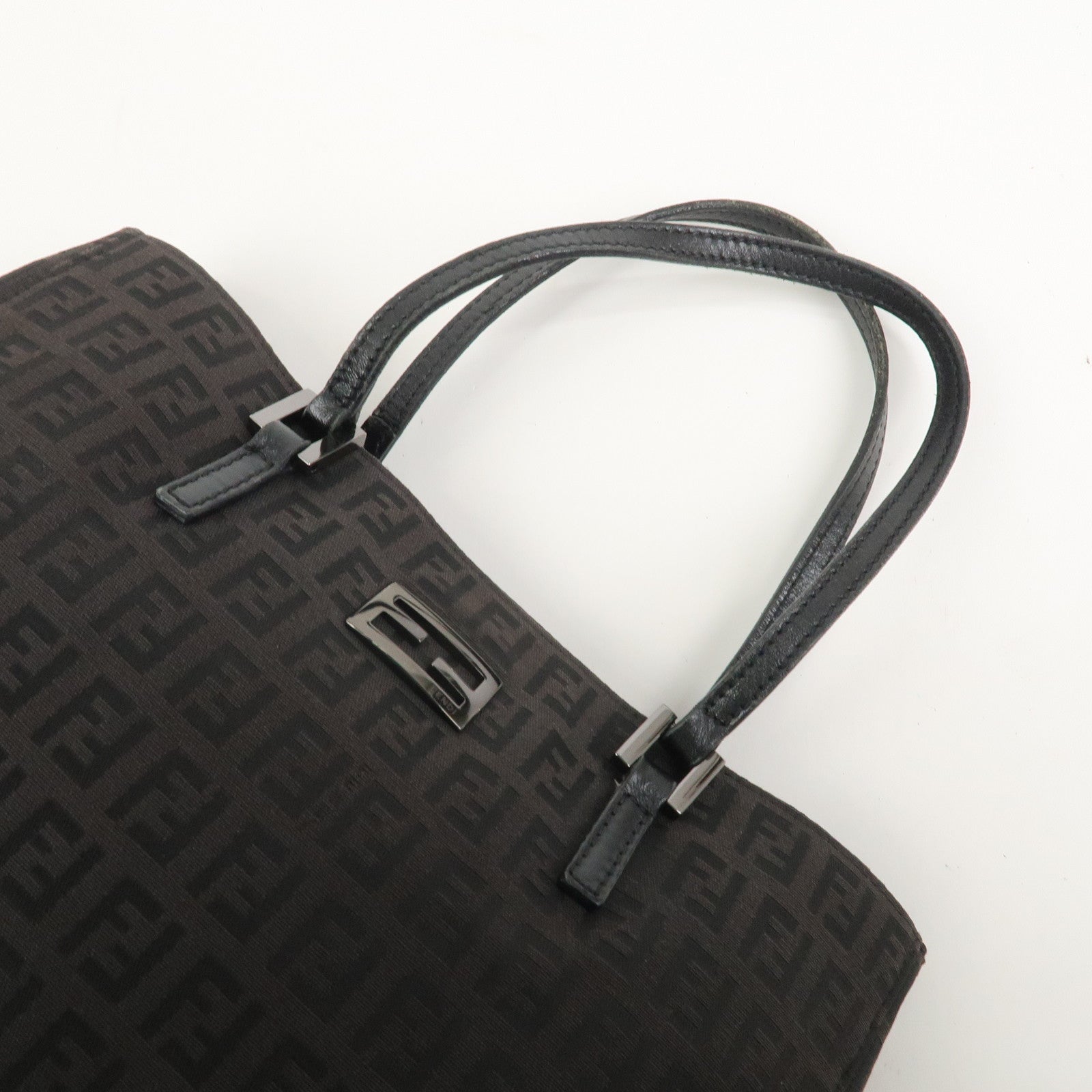 FENDI Zucchino Canvas Leather Hand Bag Tote Bag Dark Brown 8BH132