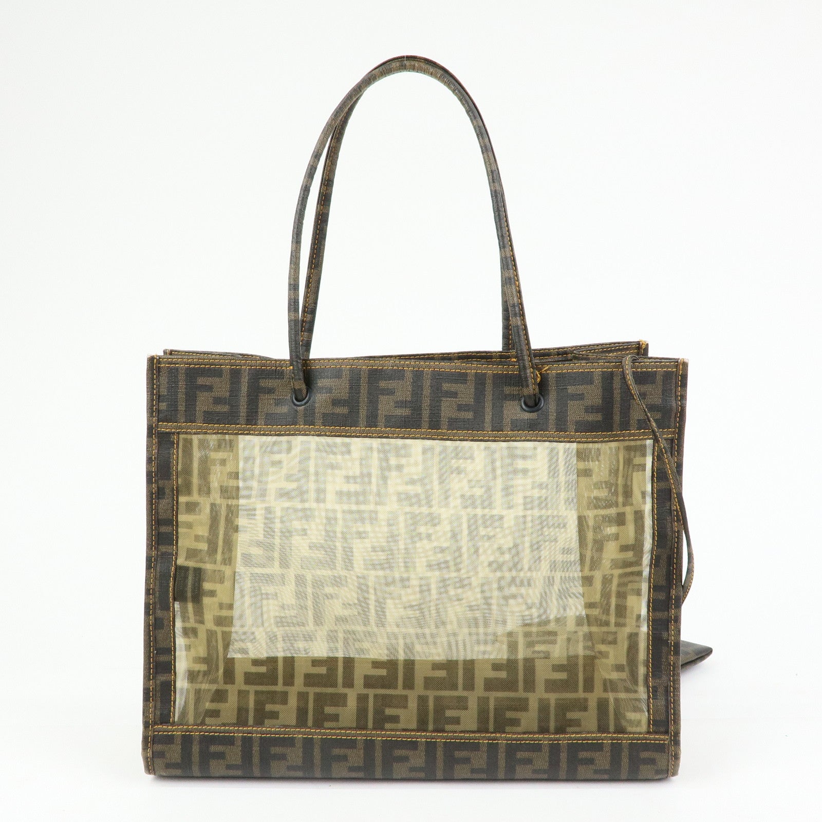 FENDI Zucca Mesh PVC Canvas Tote Bag Shoulder Bag Brown 8BH183