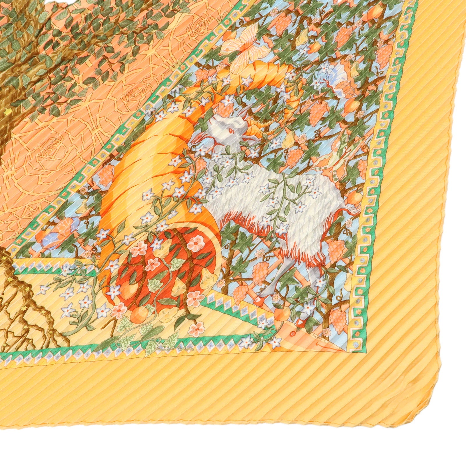HERMES Pleated Carre 90 Silk 100% Scarf AXIS MUNDI Tree Print
