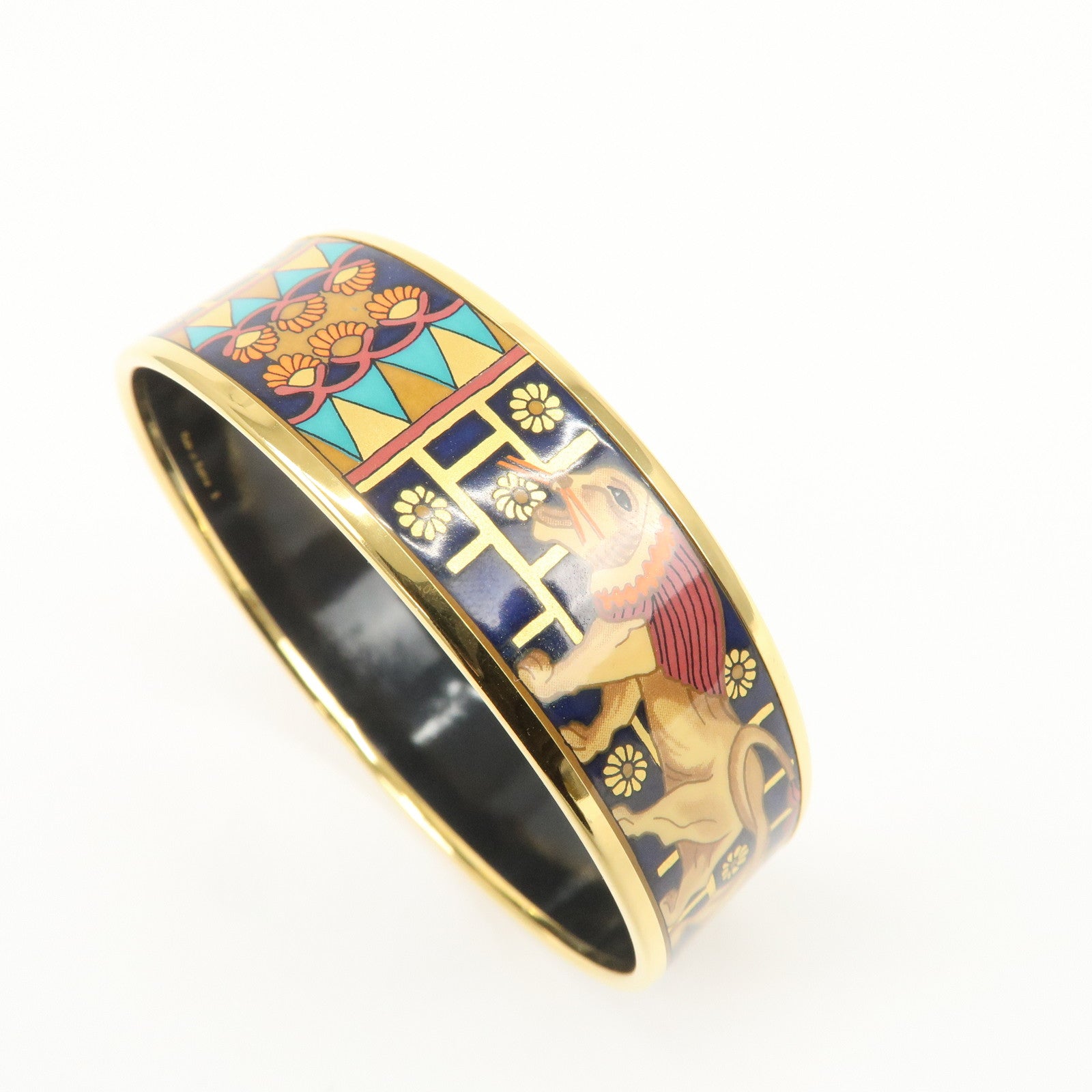 HERMES Email GM Gold Plated Bangle Bracelet Navy Gold