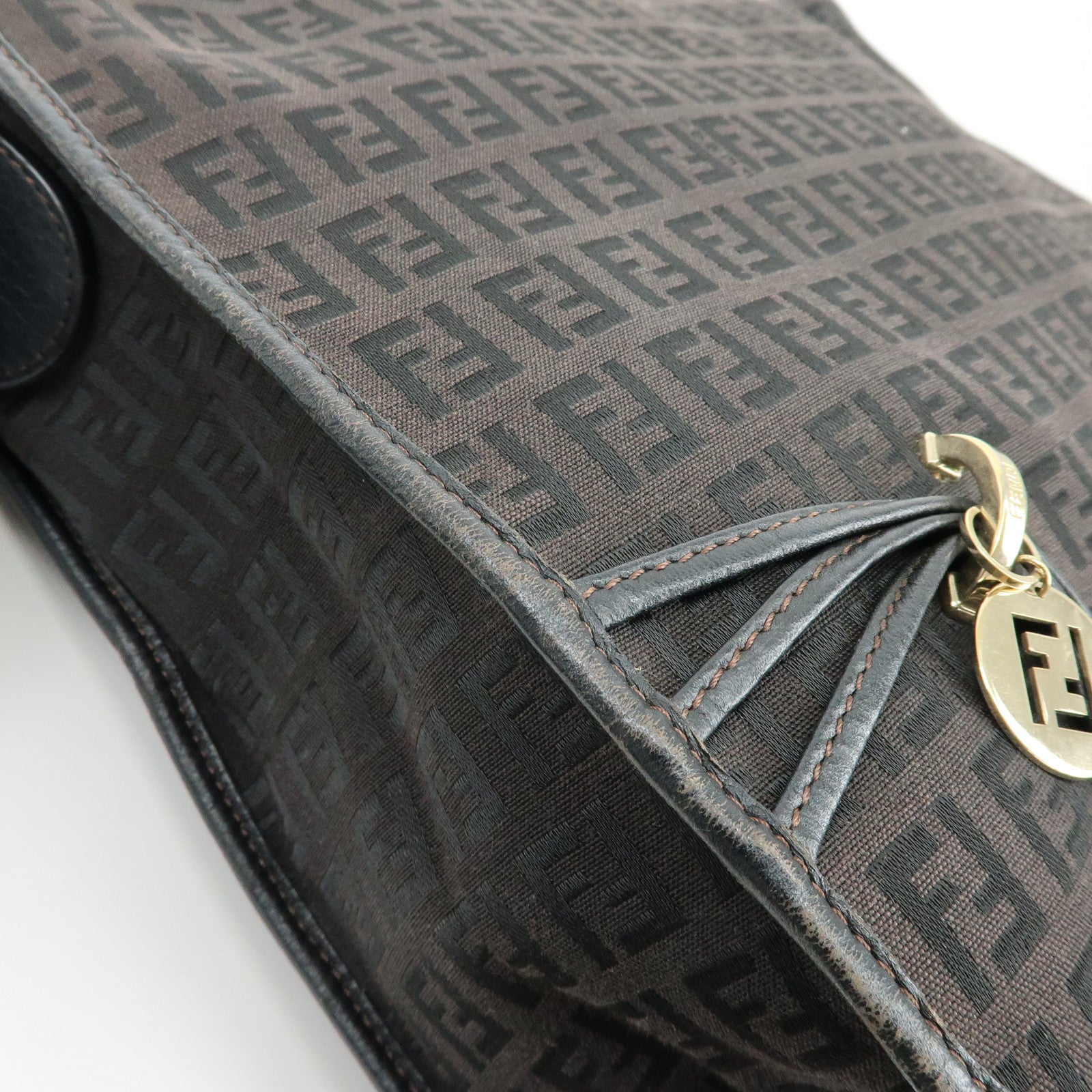 FENDI Zucchino Canvas Leather Shoulder Bag Dark Brown 8BT090