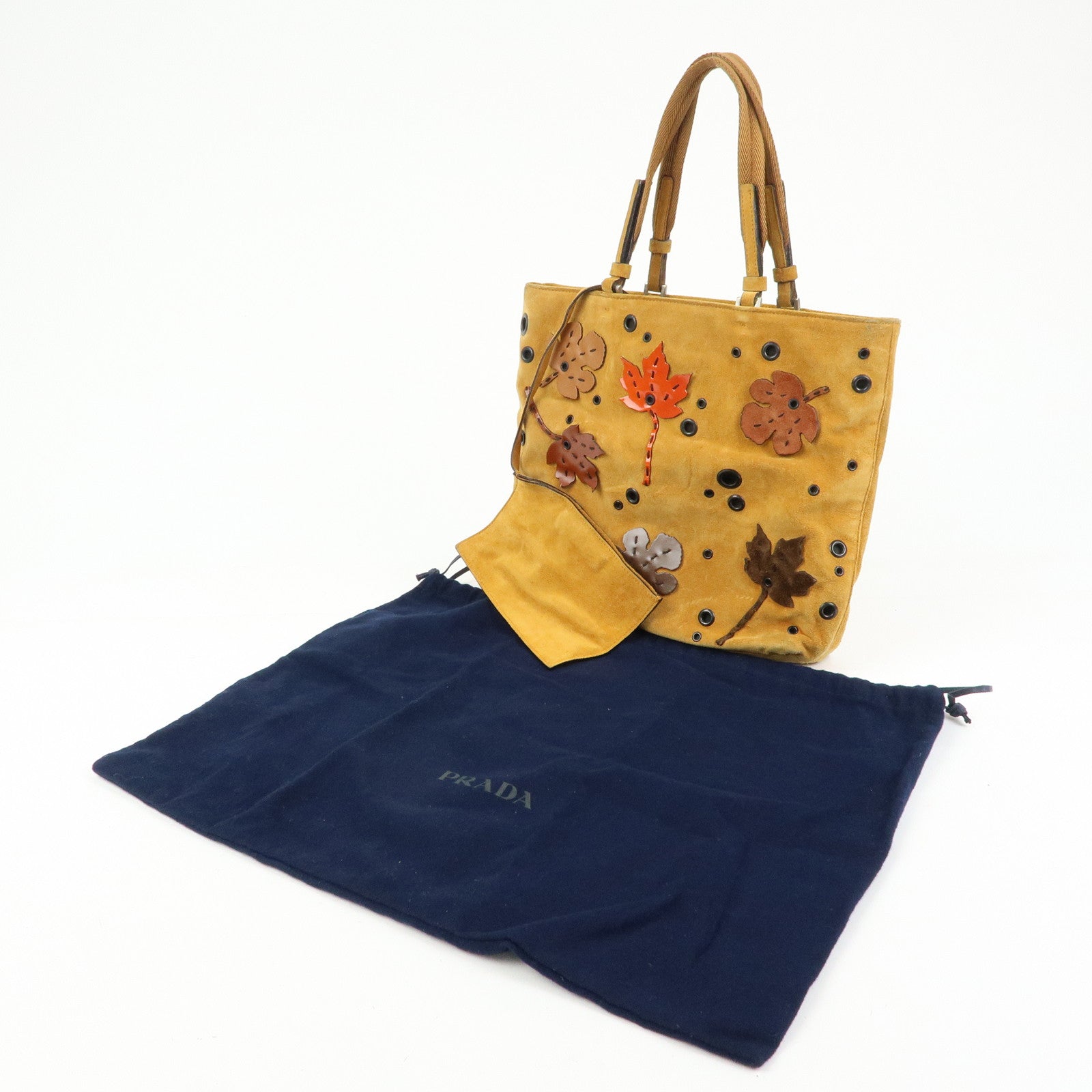 PRADA Suede Leather Hand Bag Tote Bag Maple Motif Yellow Beige