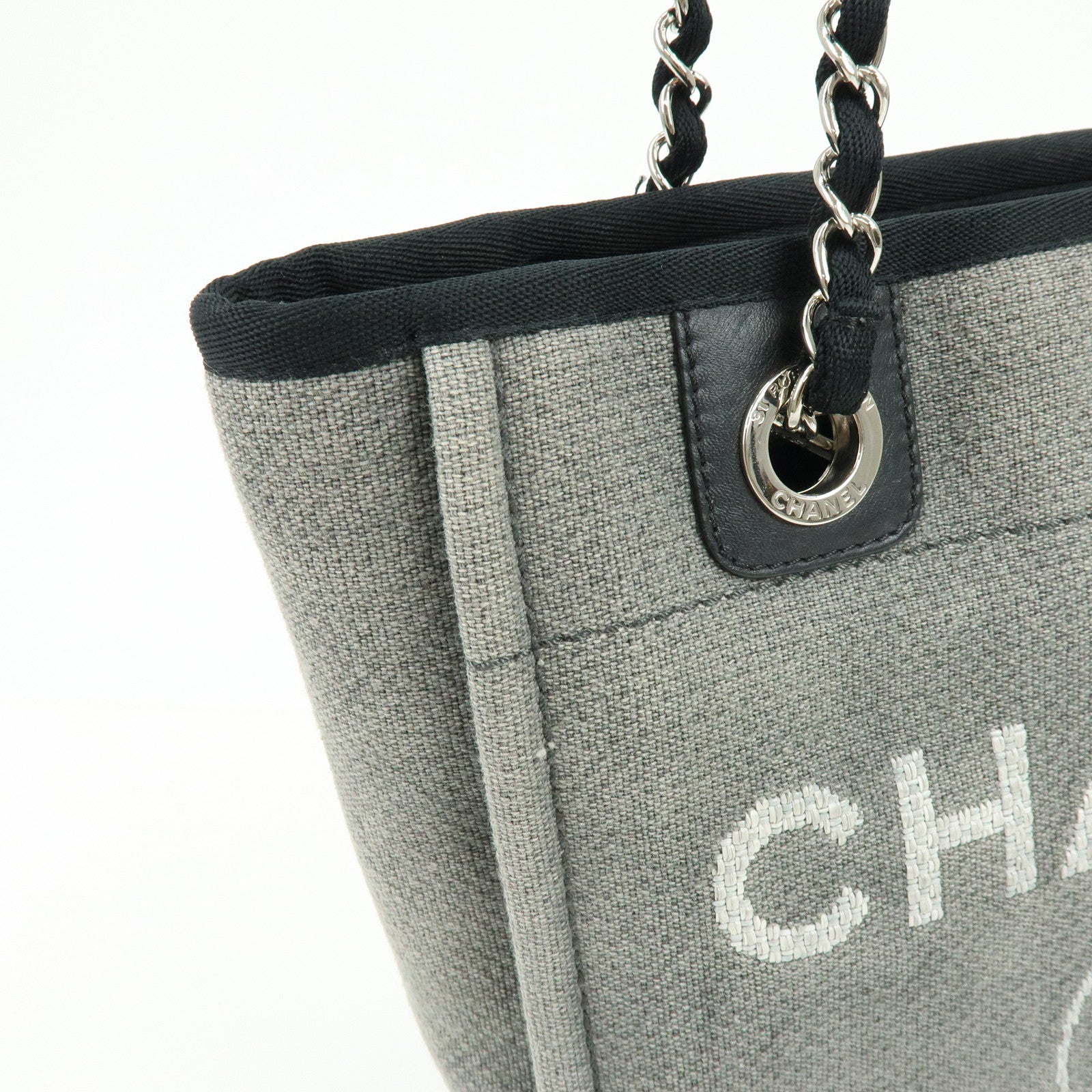 CHANEL Deauville PM Canvas Leather Chain Tote Bag Grey A66939
