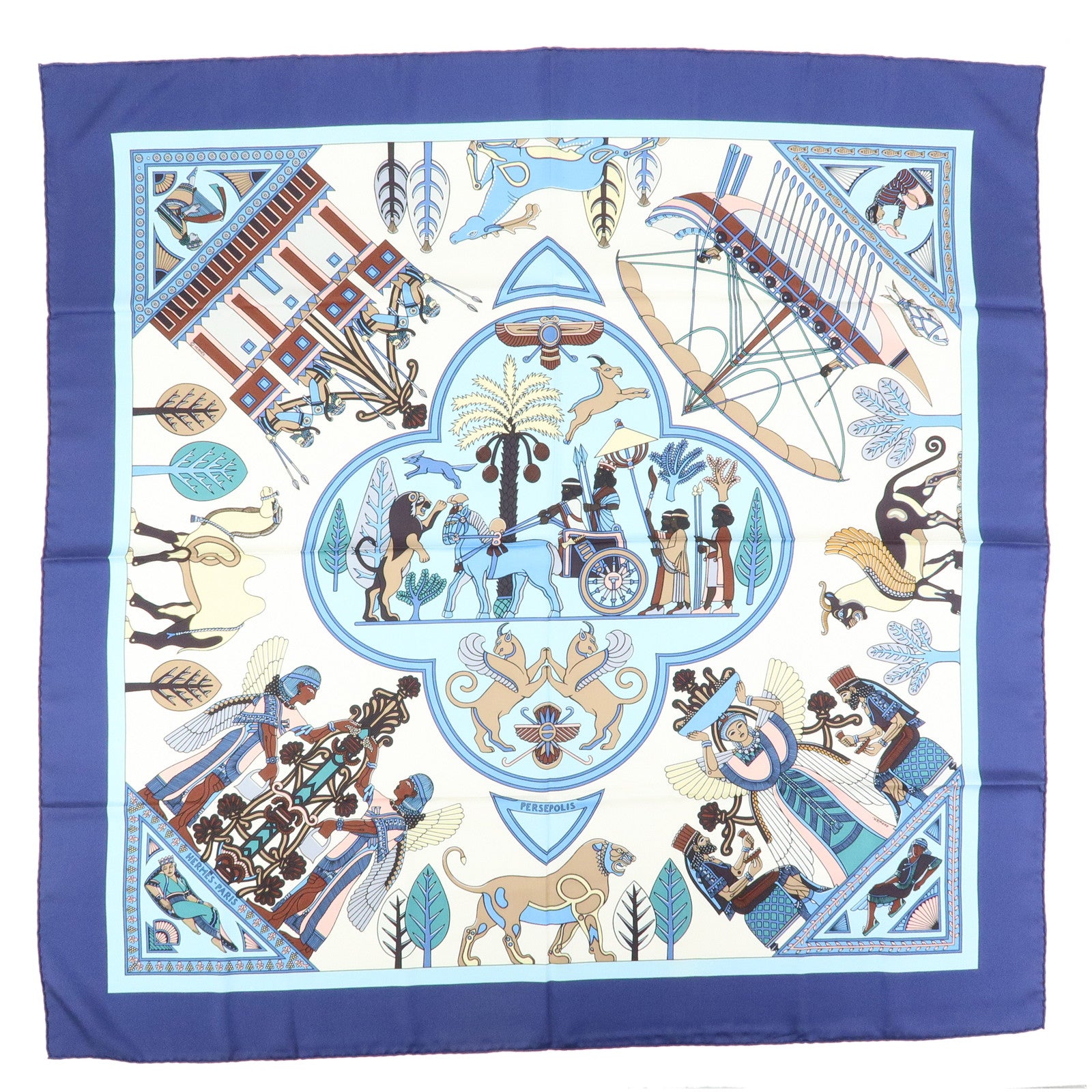 HERMES Carre 90 Silk 100% Scarf PERSEPOLIS Persian Print Brown Blue