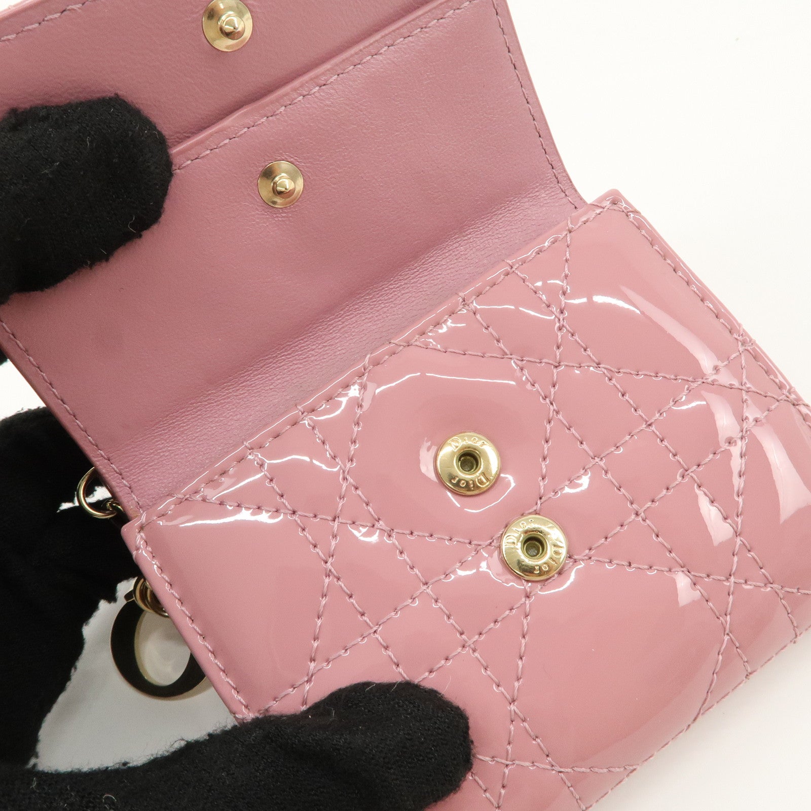 Christian Dior Lady Dior Cannage Patent Leather Tri-fold Wallet Pink Used