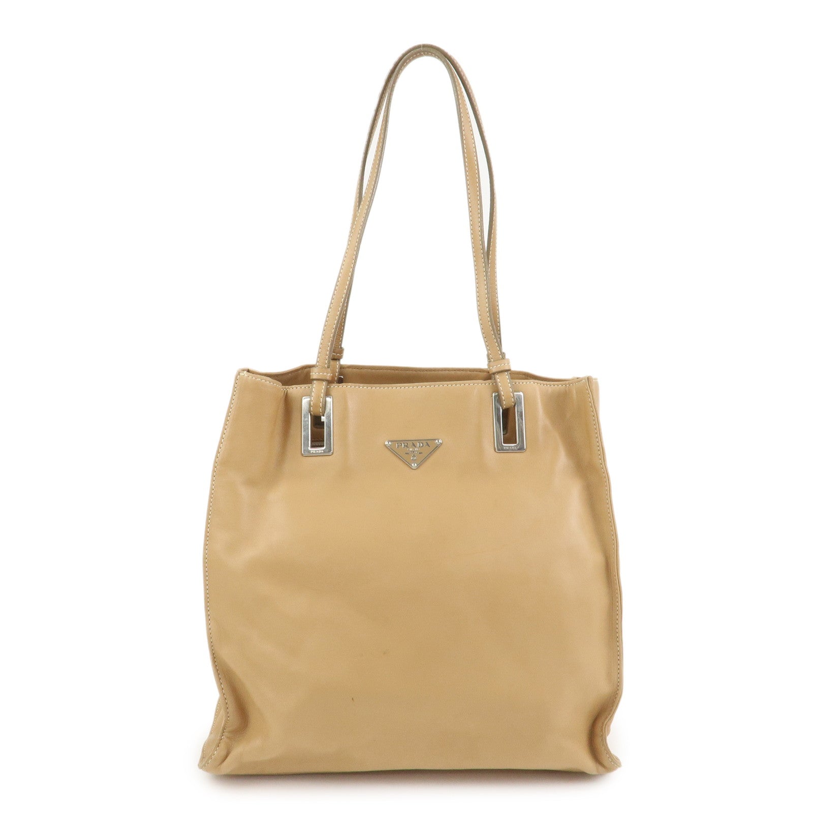 PRADA Triangle Logo Lambskin Tote Bag Shoulder Bag Beige BR1566