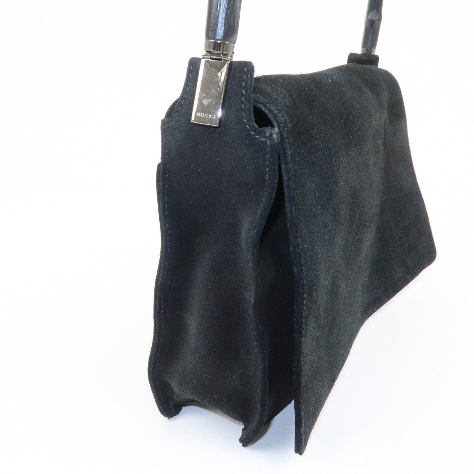 GUCCI Bamboo Suede Shoulder Bag Hand Bag Black 001・3239