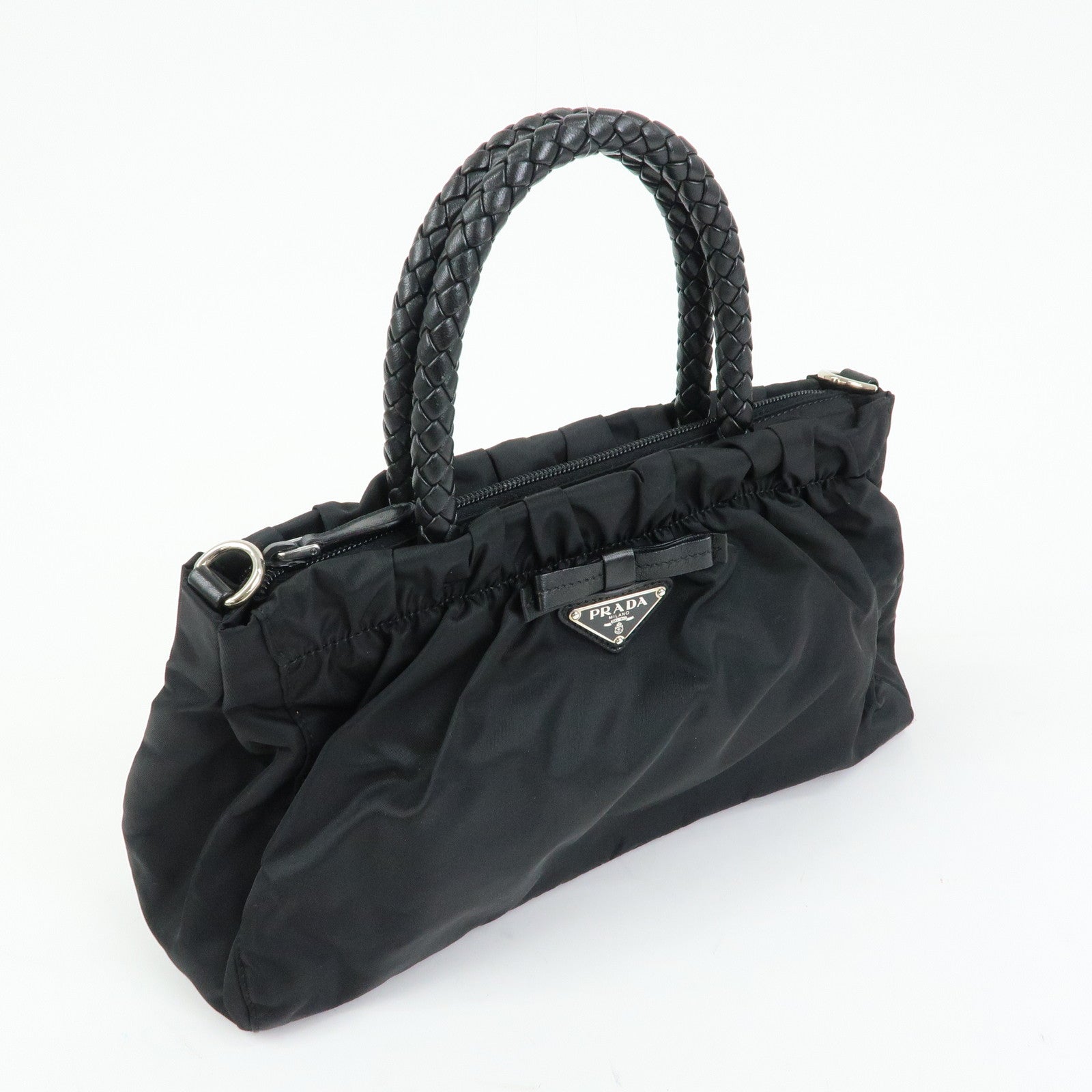 PRADA Triangle Logo Ribbon Nylon Leather 2Way Hand Bag Black BN1631