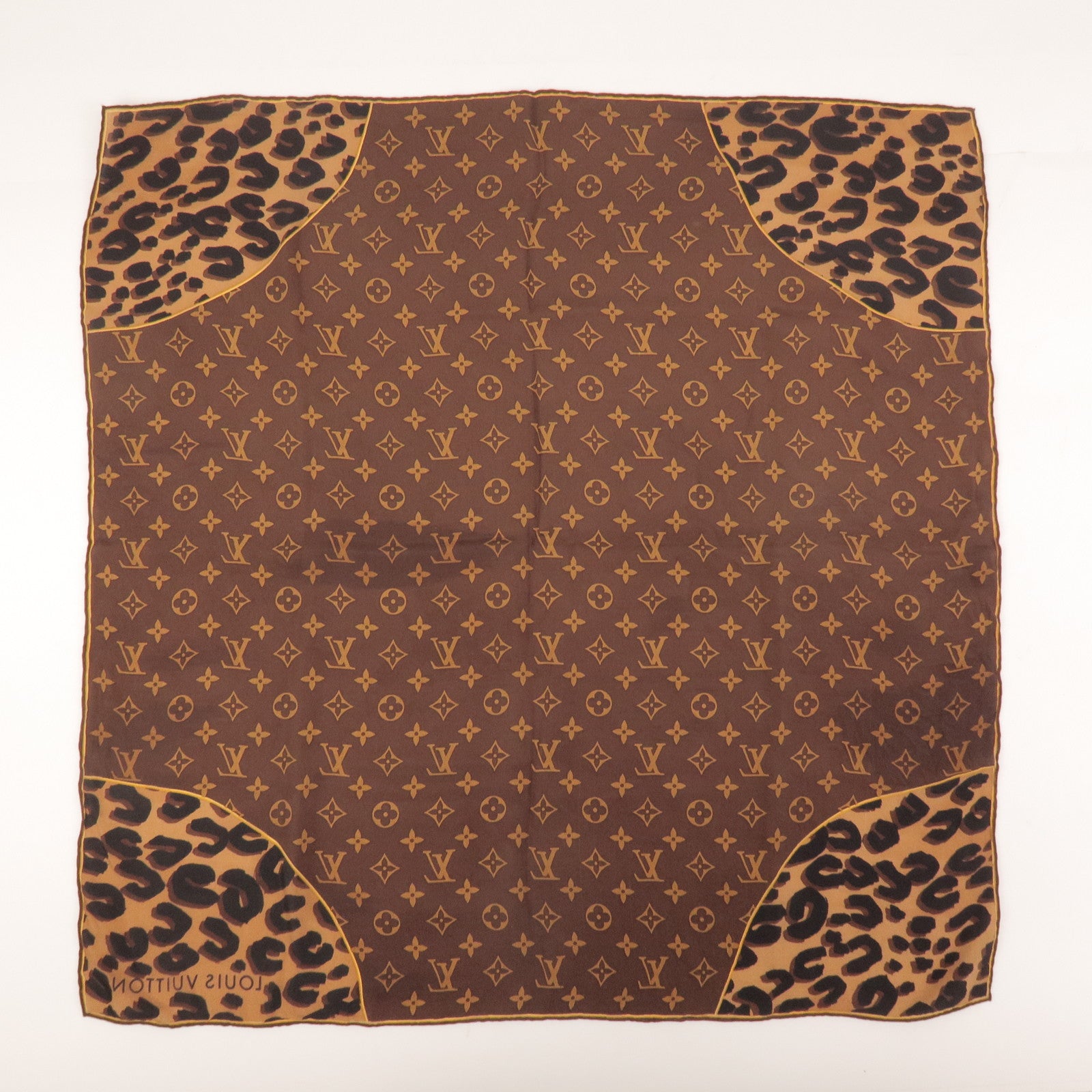Louis Vuitton Monogram 100% Silk Scarf 65x65 Leopard Brown