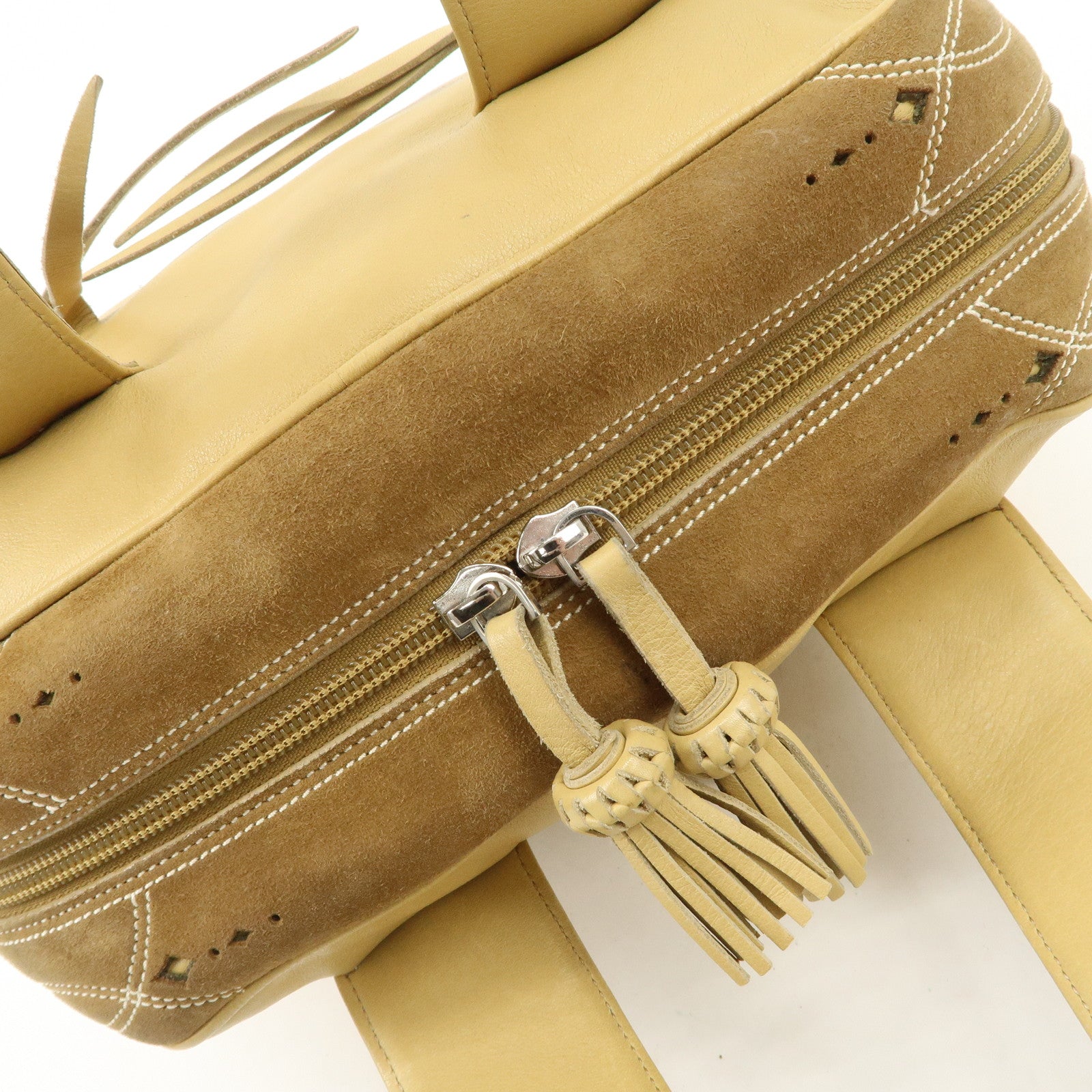 LOEWE Anagram Leather Suede Punching Boston Bag Beige Used