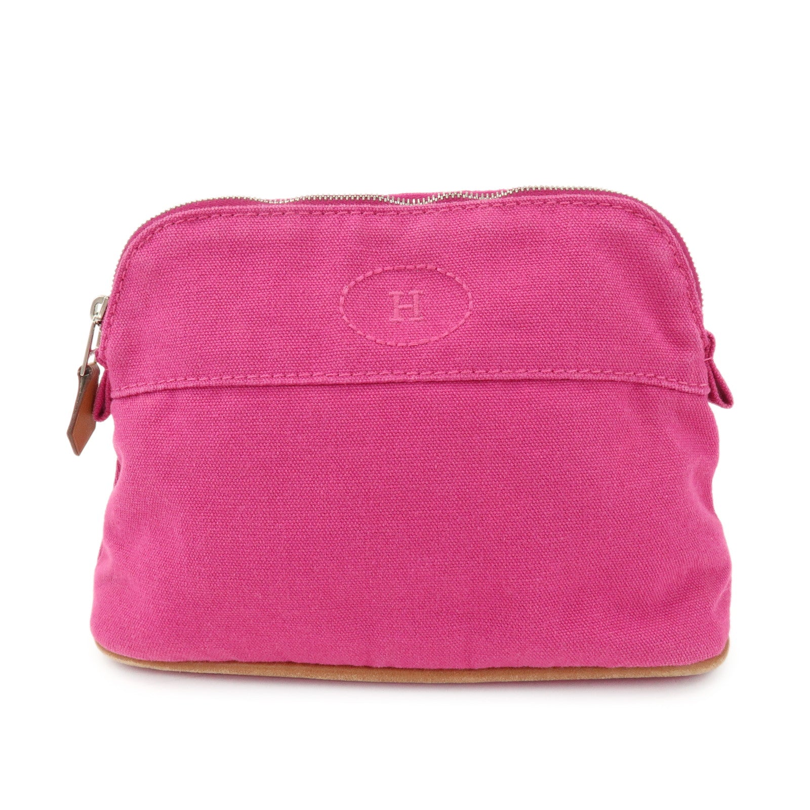 HERMES Logo Cotton Leather Bolide Pouch Mini Cosmetic Pouch Pink