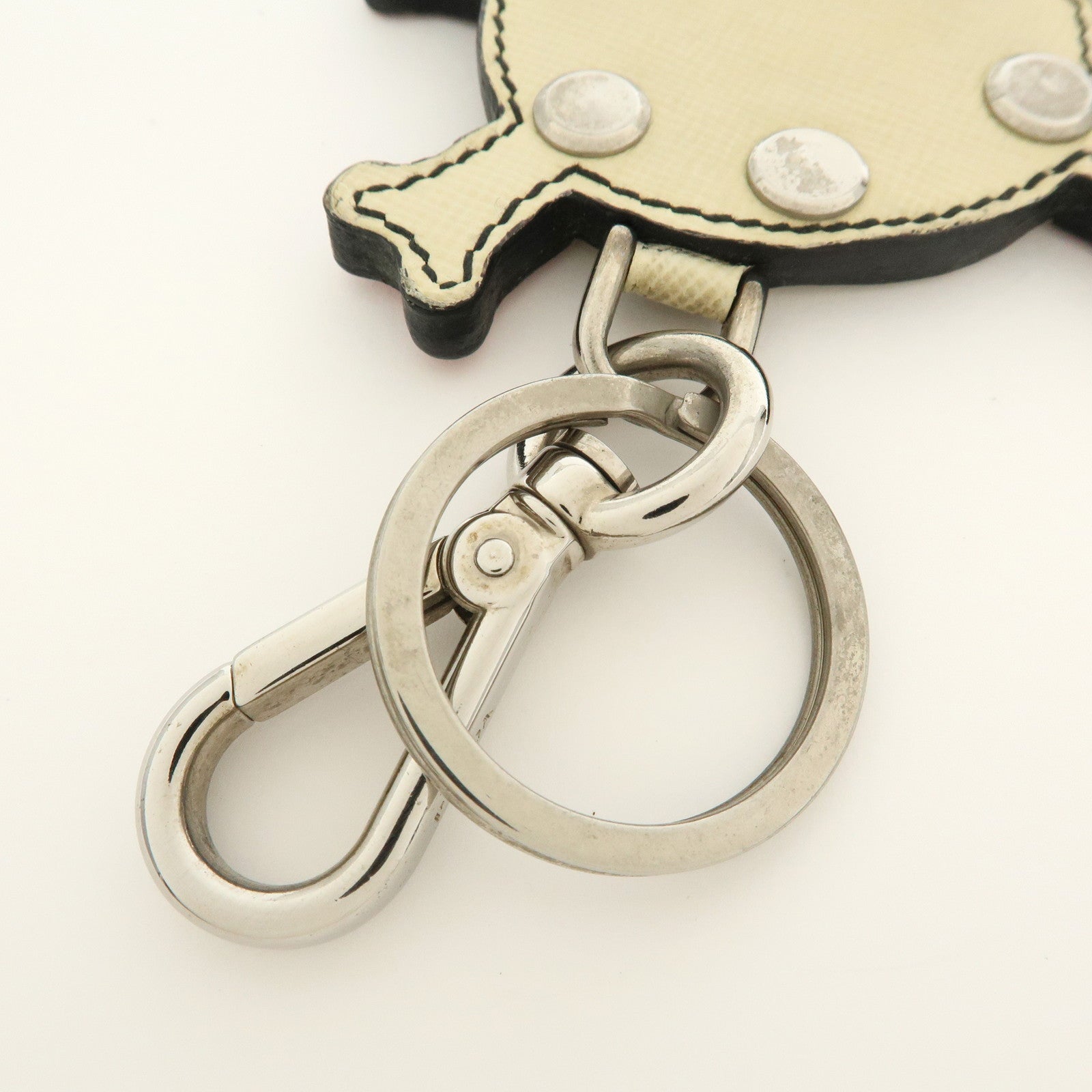 PRADA Saffiano Leather Metal Skull Bag Key Charm Key Holder Ivory