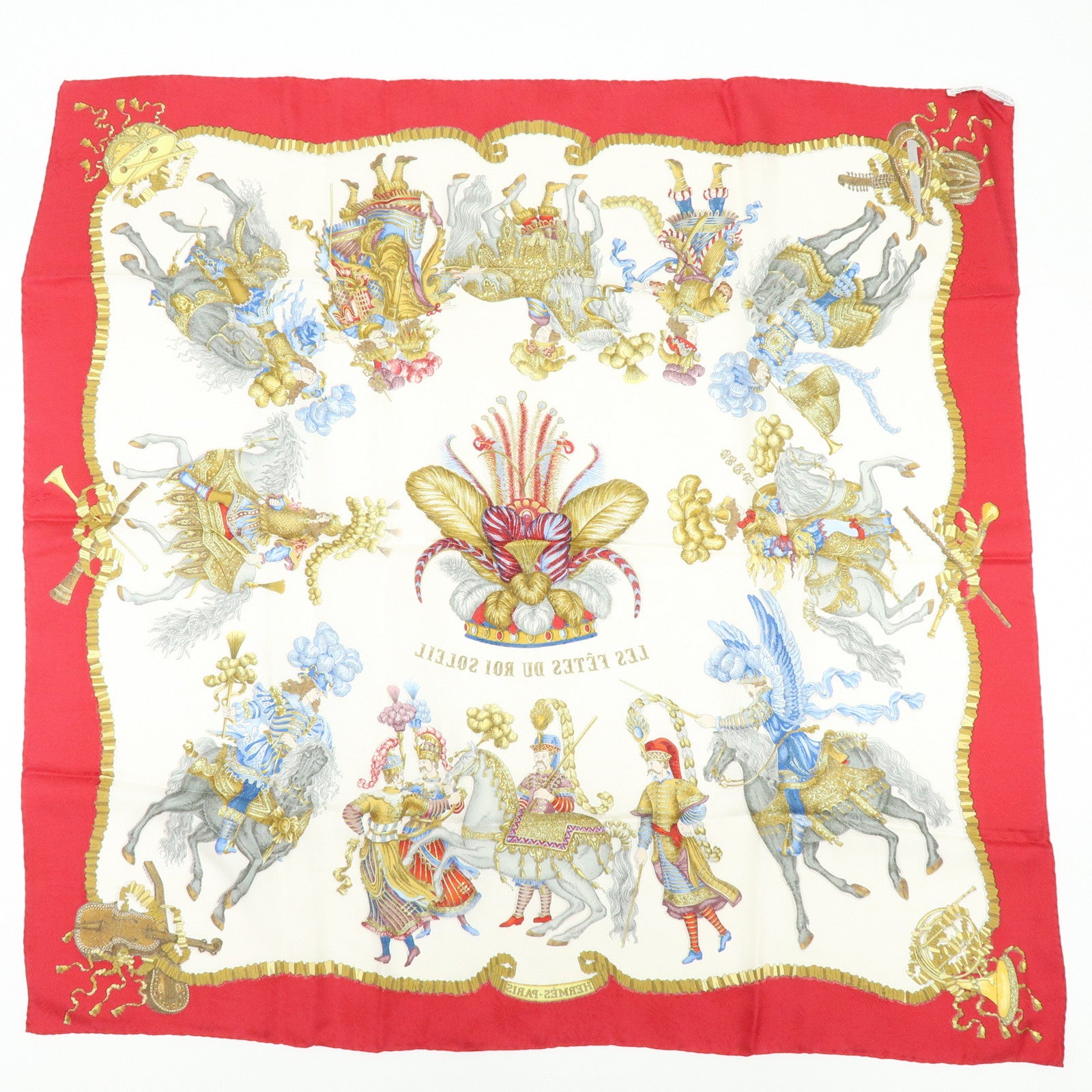 HERMES Carre 90 Silk 100% Scarf LES FERES DU ROI SOLEIL Red Gold