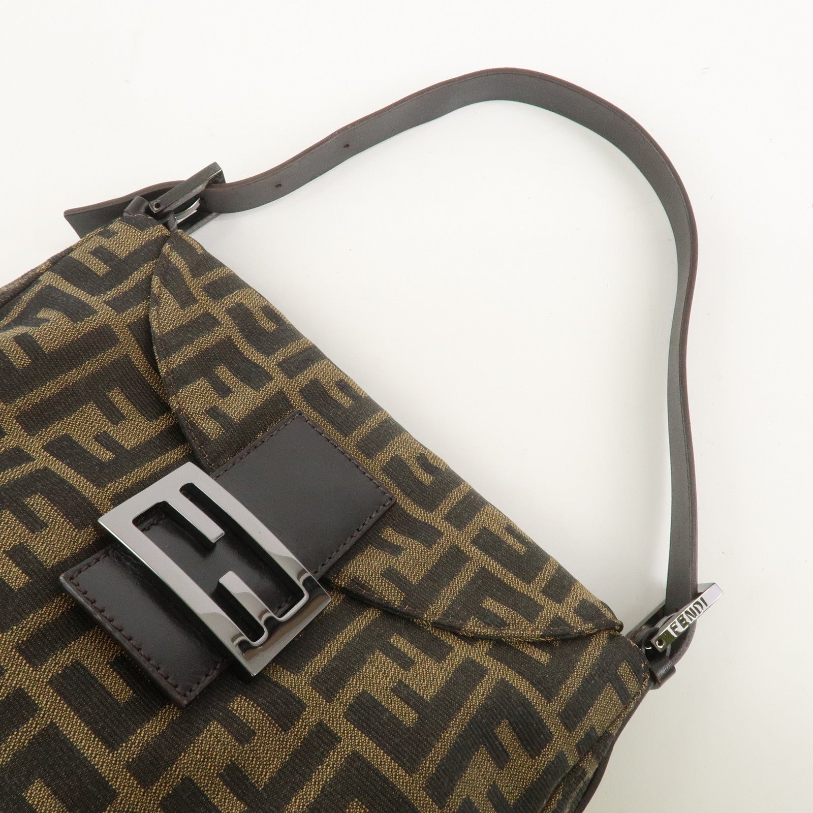 FENDI Mamma Baguette Zucca Leather Canvas Shoulder Bag Brown 8BR004