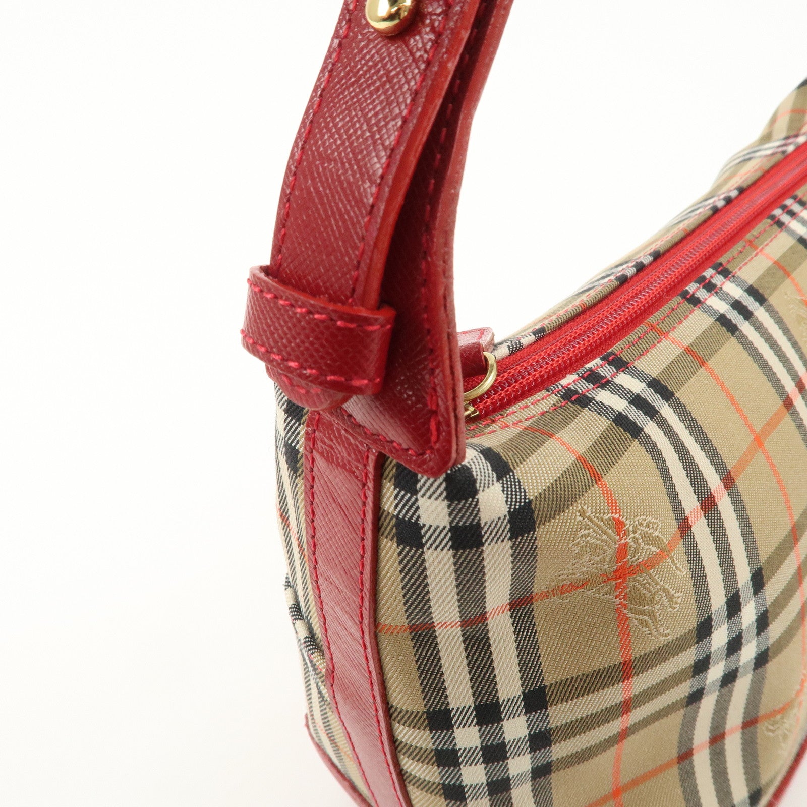 BURBERRY Canvas Leather Nova Plaid Shoulder Bag Hand Bag Beige Red