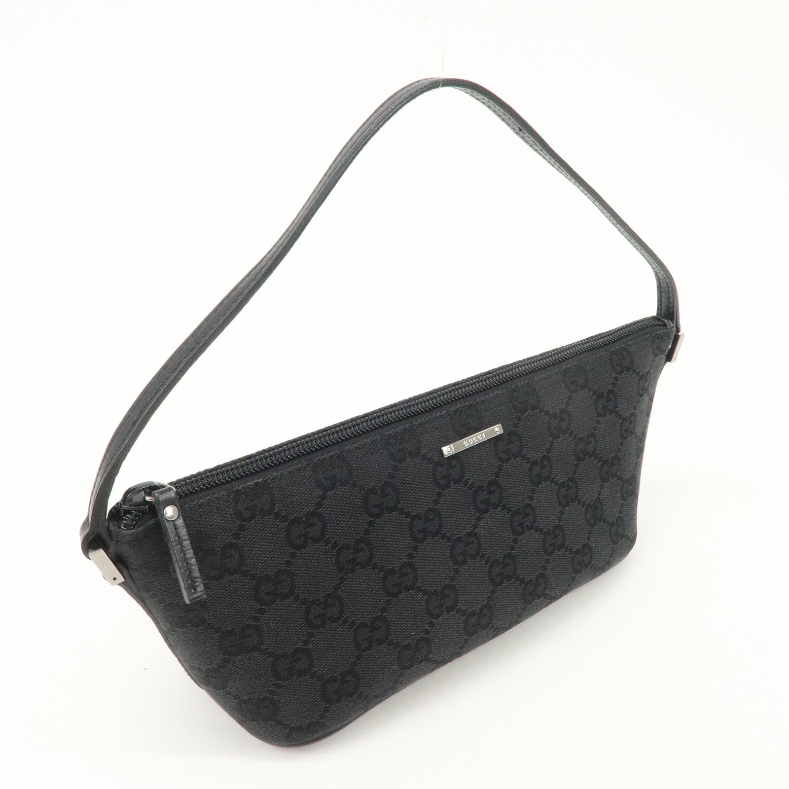 GUCCI Boat Bag GG Canvas Leather Hand Bag Pouch Black 07198