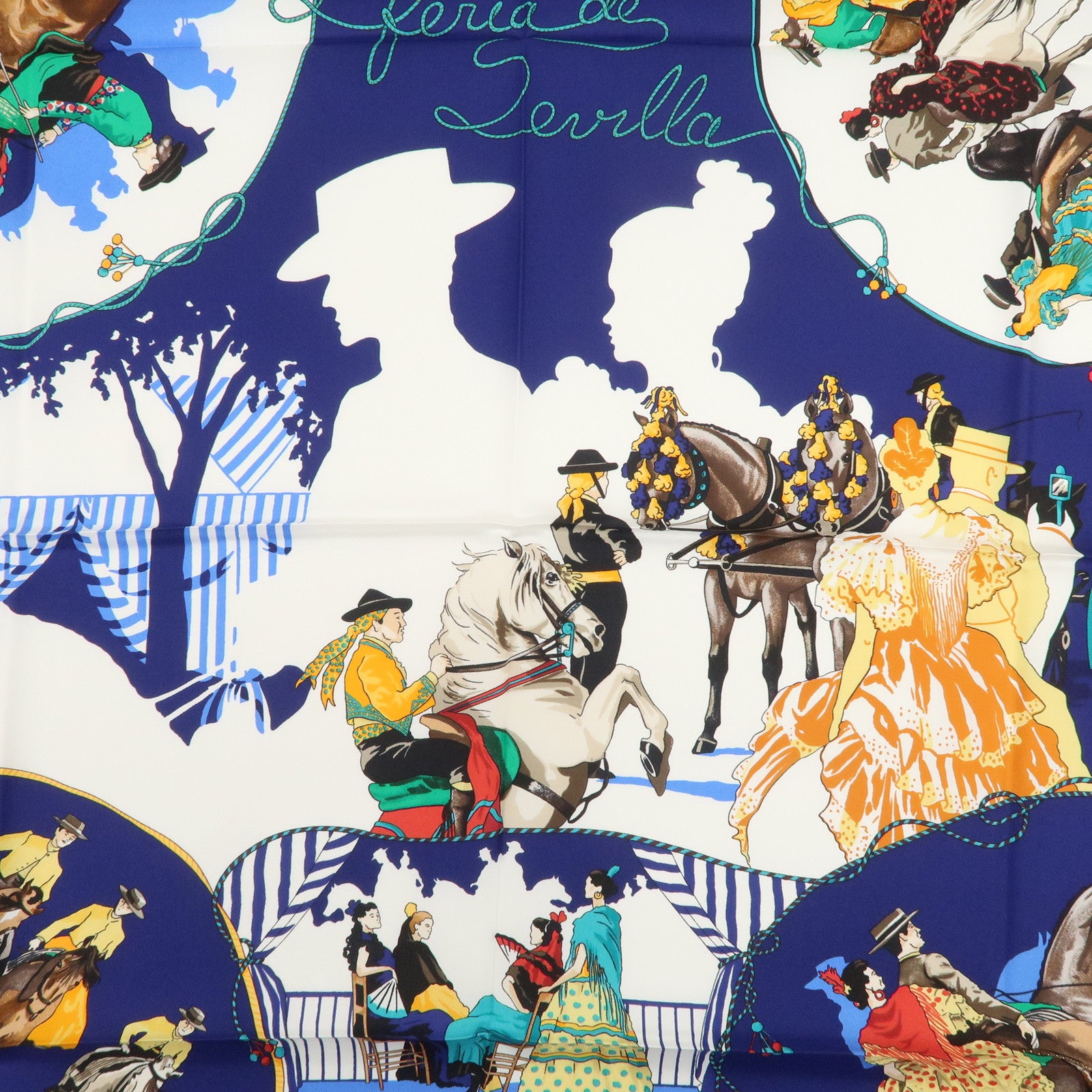 HERMES Carre 90 Silk 100% Scarf FERIA DE SEVILLA Navy White Red