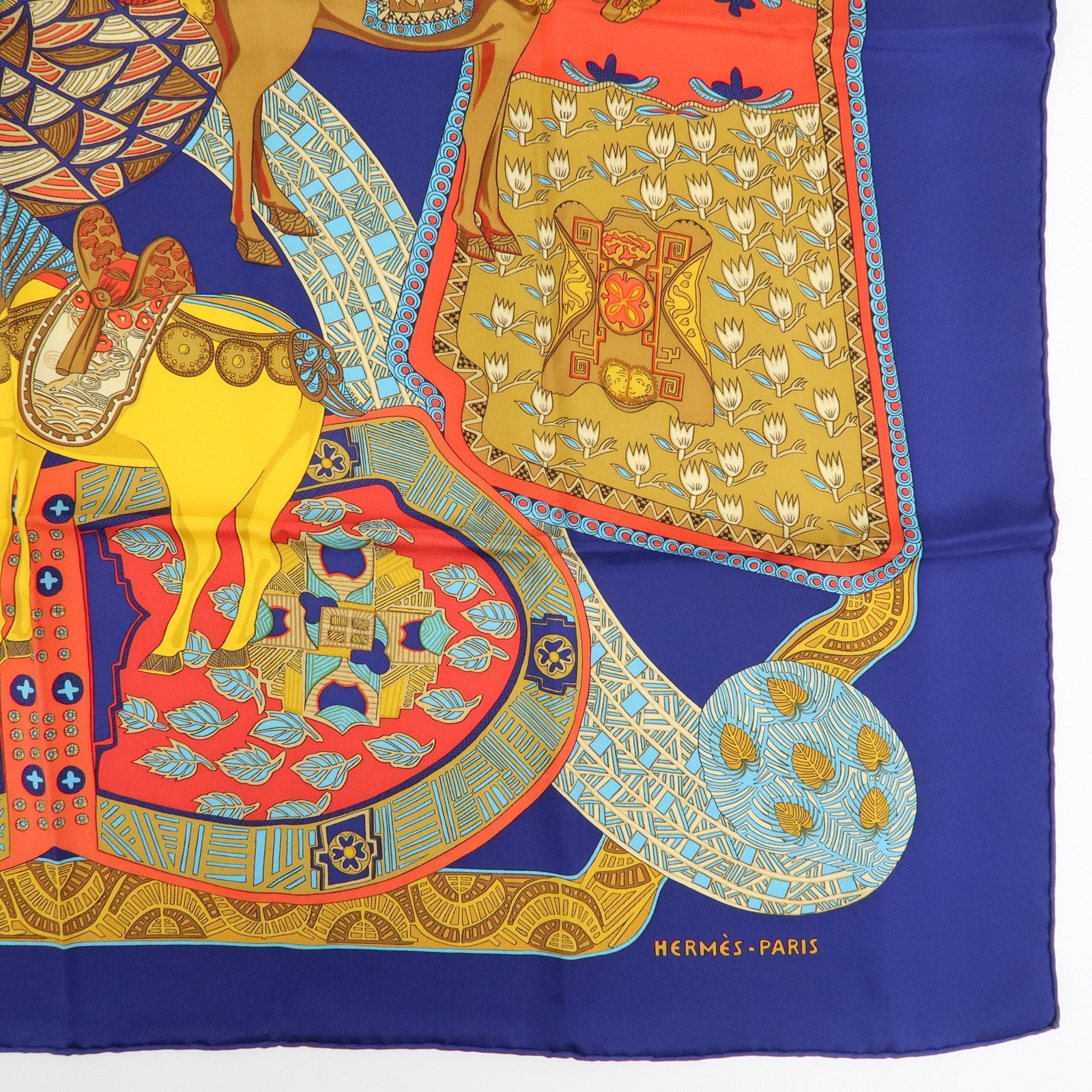 HERMES Carre 90 Silk 100% Scarf ART des STEPPES Horse Print Navy