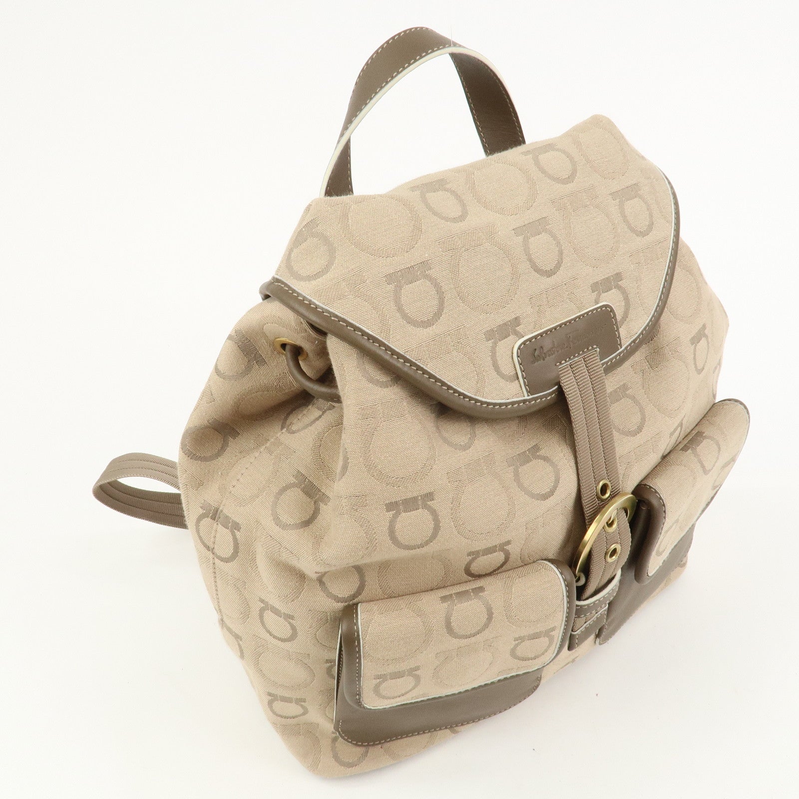 Ferragamo Gancini Canvas Leather Backpack Rucksuck Beige