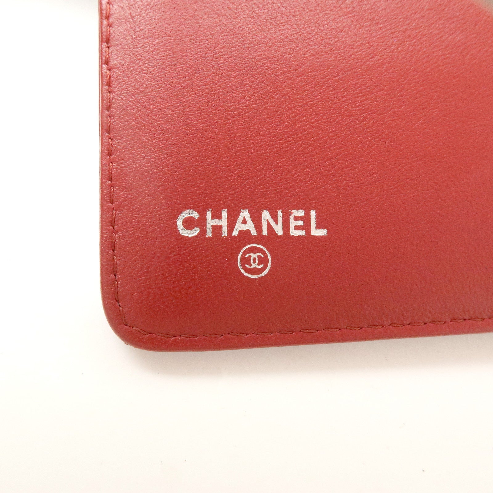 CHANEL Camellia COCO Mark Lamb Skin Bi-fold Compact Wallet Red